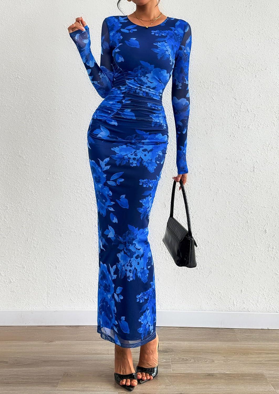 imagePRETTYGARDEN Wedding Guest Dresses for Women Spring Long Sleeve Ruched Bodycon Floral Mesh Cocktail Party Fall Maxi DressNavy Blue Floral