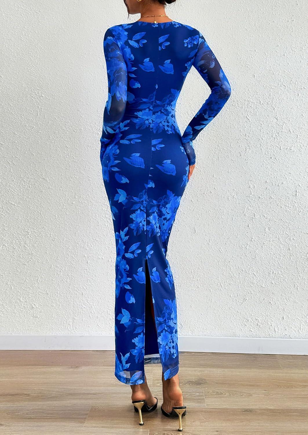 imagePRETTYGARDEN Wedding Guest Dresses for Women Spring Long Sleeve Ruched Bodycon Floral Mesh Cocktail Party Fall Maxi DressNavy Blue Floral