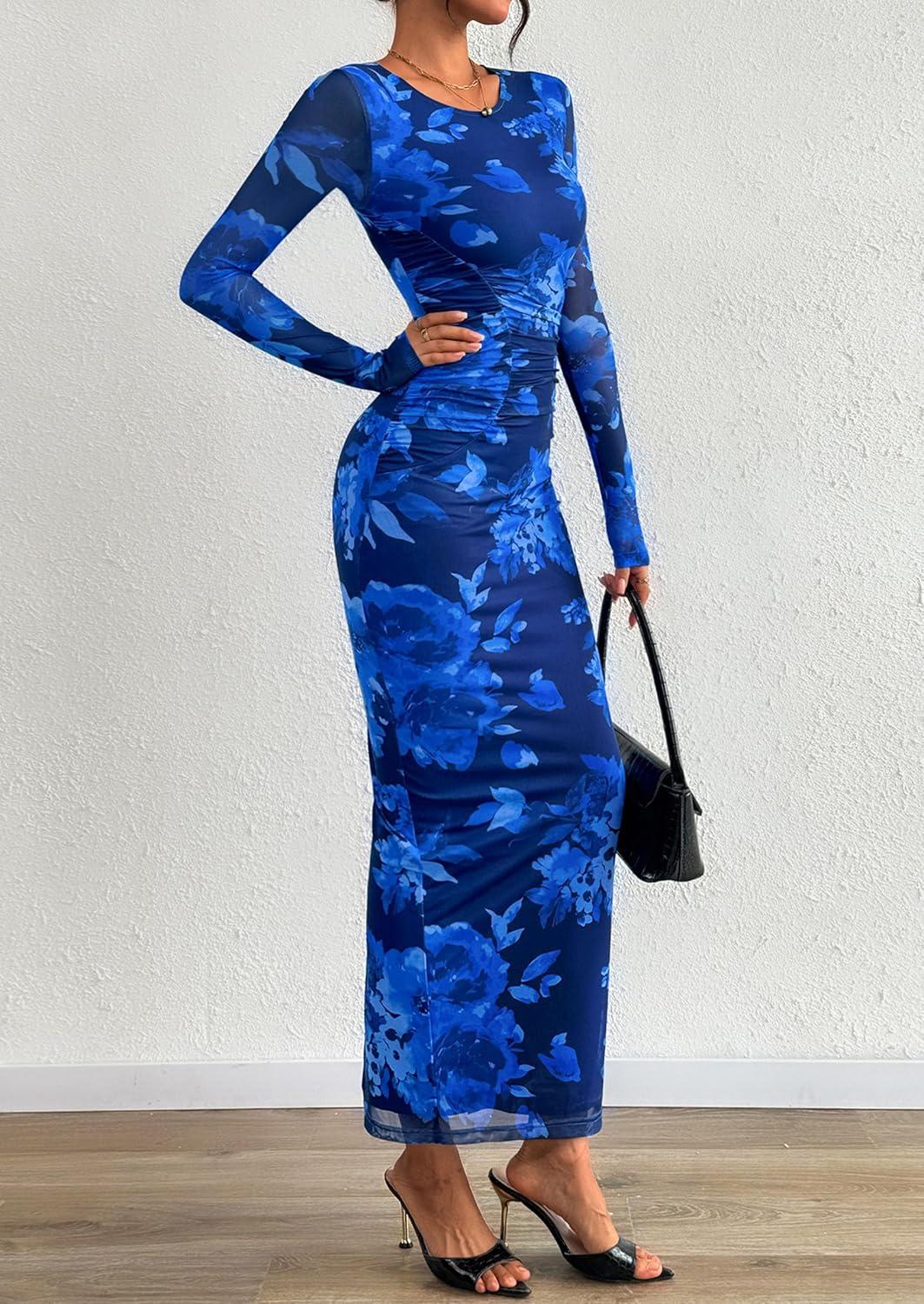 imagePRETTYGARDEN Wedding Guest Dresses for Women Spring Long Sleeve Ruched Bodycon Floral Mesh Cocktail Party Fall Maxi DressNavy Blue Floral