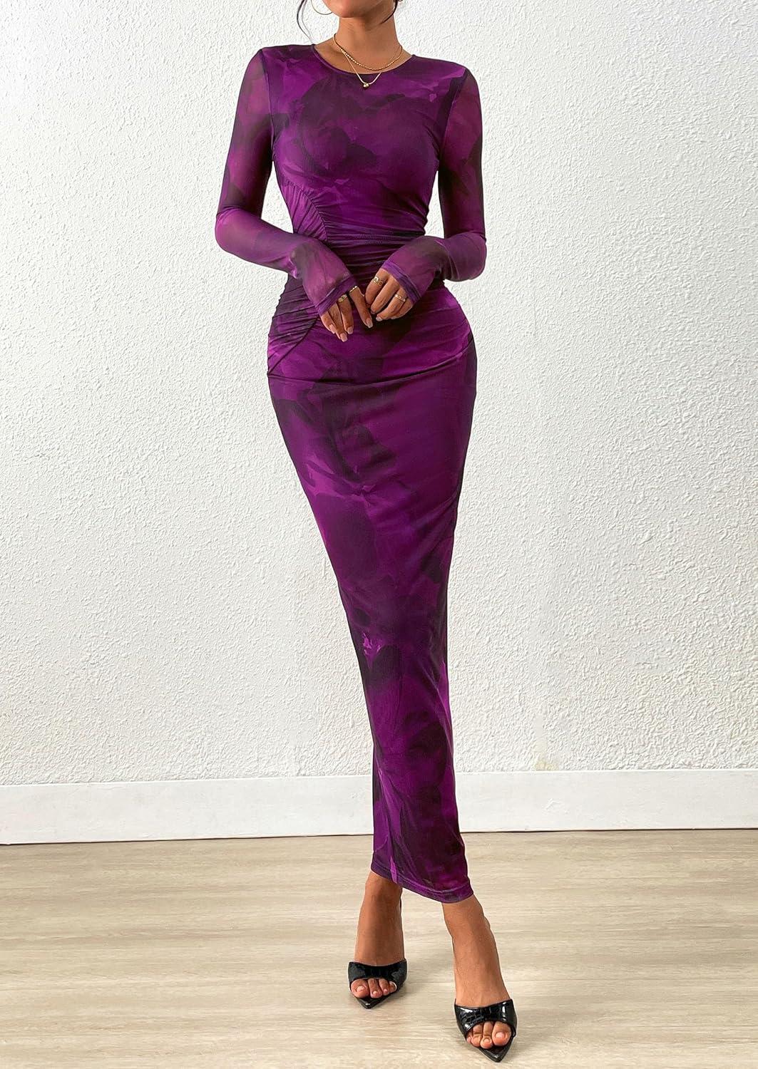 imagePRETTYGARDEN Wedding Guest Dresses for Women Spring Long Sleeve Ruched Bodycon Floral Mesh Cocktail Party Fall Maxi DressPurple Floral