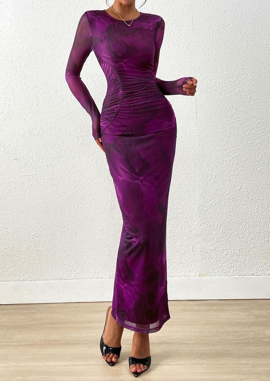 imagePRETTYGARDEN Wedding Guest Dresses for Women Spring Long Sleeve Ruched Bodycon Floral Mesh Cocktail Party Fall Maxi DressPurple Floral