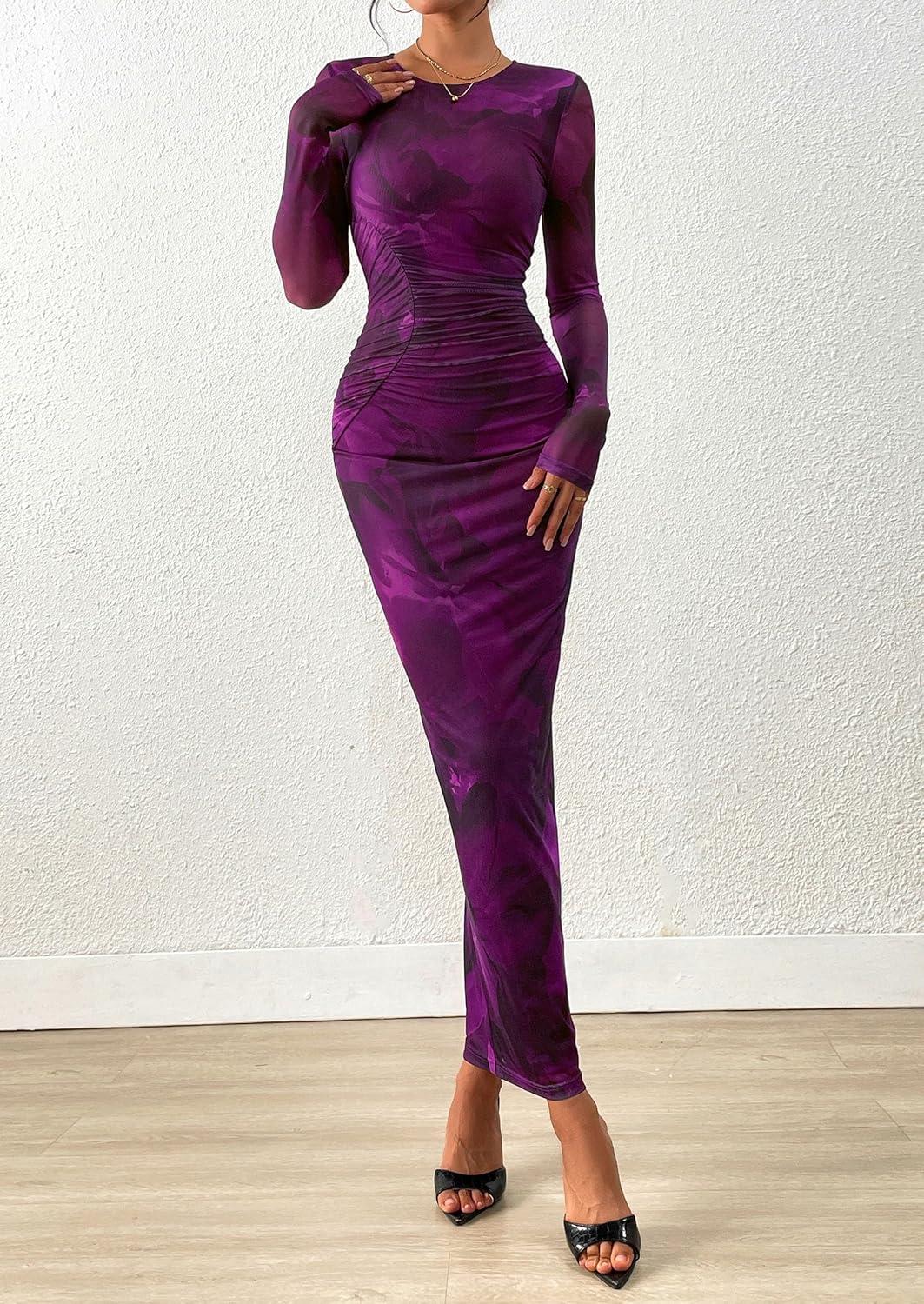 imagePRETTYGARDEN Wedding Guest Dresses for Women Spring Long Sleeve Ruched Bodycon Floral Mesh Cocktail Party Fall Maxi DressPurple Floral