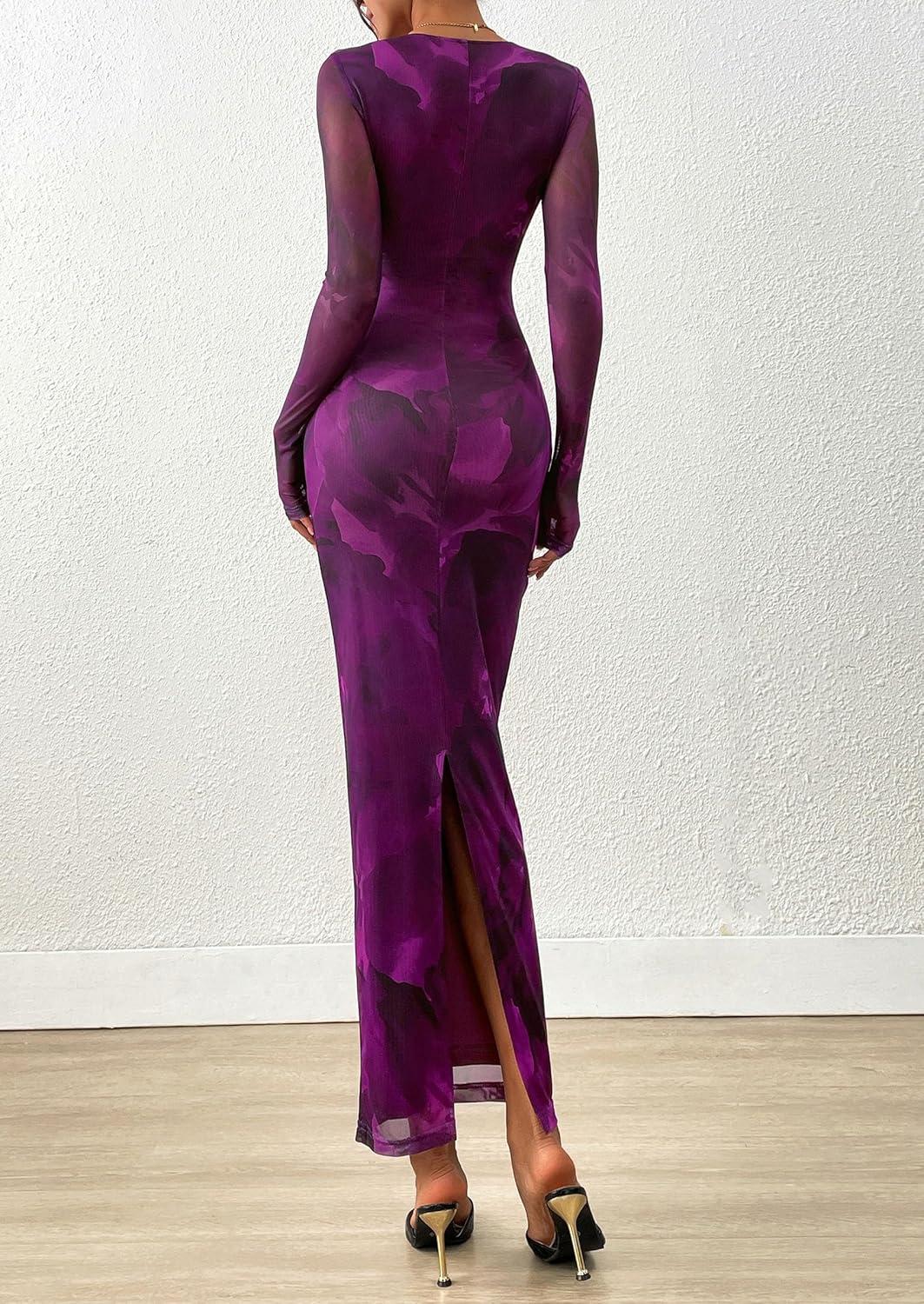 imagePRETTYGARDEN Wedding Guest Dresses for Women Spring Long Sleeve Ruched Bodycon Floral Mesh Cocktail Party Fall Maxi DressPurple Floral