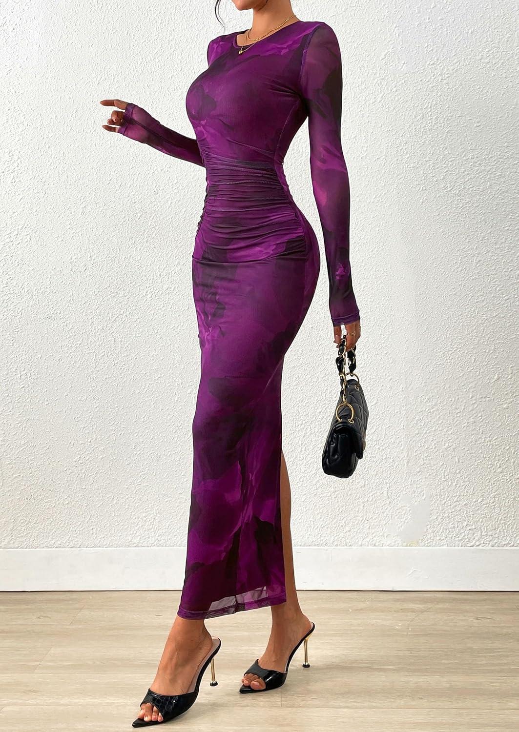 imagePRETTYGARDEN Wedding Guest Dresses for Women Spring Long Sleeve Ruched Bodycon Floral Mesh Cocktail Party Fall Maxi DressPurple Floral
