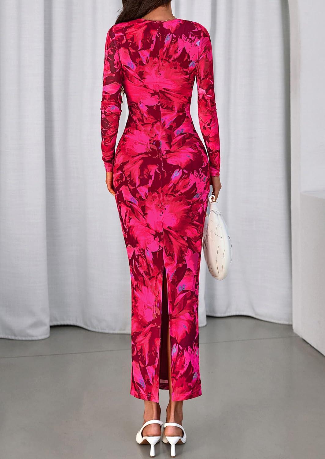 imagePRETTYGARDEN Wedding Guest Dresses for Women Spring Long Sleeve Ruched Bodycon Floral Mesh Cocktail Party Fall Maxi DressRose Red Floral