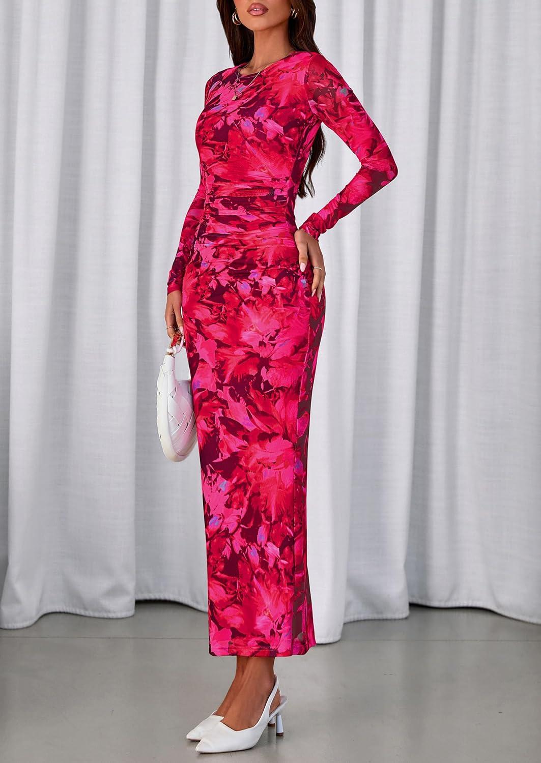imagePRETTYGARDEN Wedding Guest Dresses for Women Spring Long Sleeve Ruched Bodycon Floral Mesh Cocktail Party Fall Maxi DressRose Red Floral
