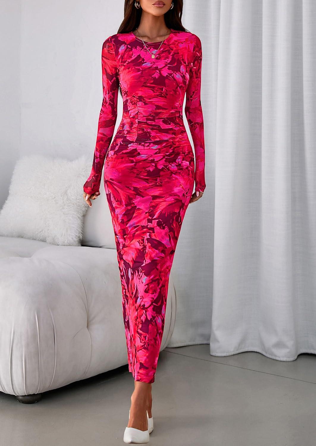 imagePRETTYGARDEN Wedding Guest Dresses for Women Spring Long Sleeve Ruched Bodycon Floral Mesh Cocktail Party Fall Maxi DressRose Red Floral