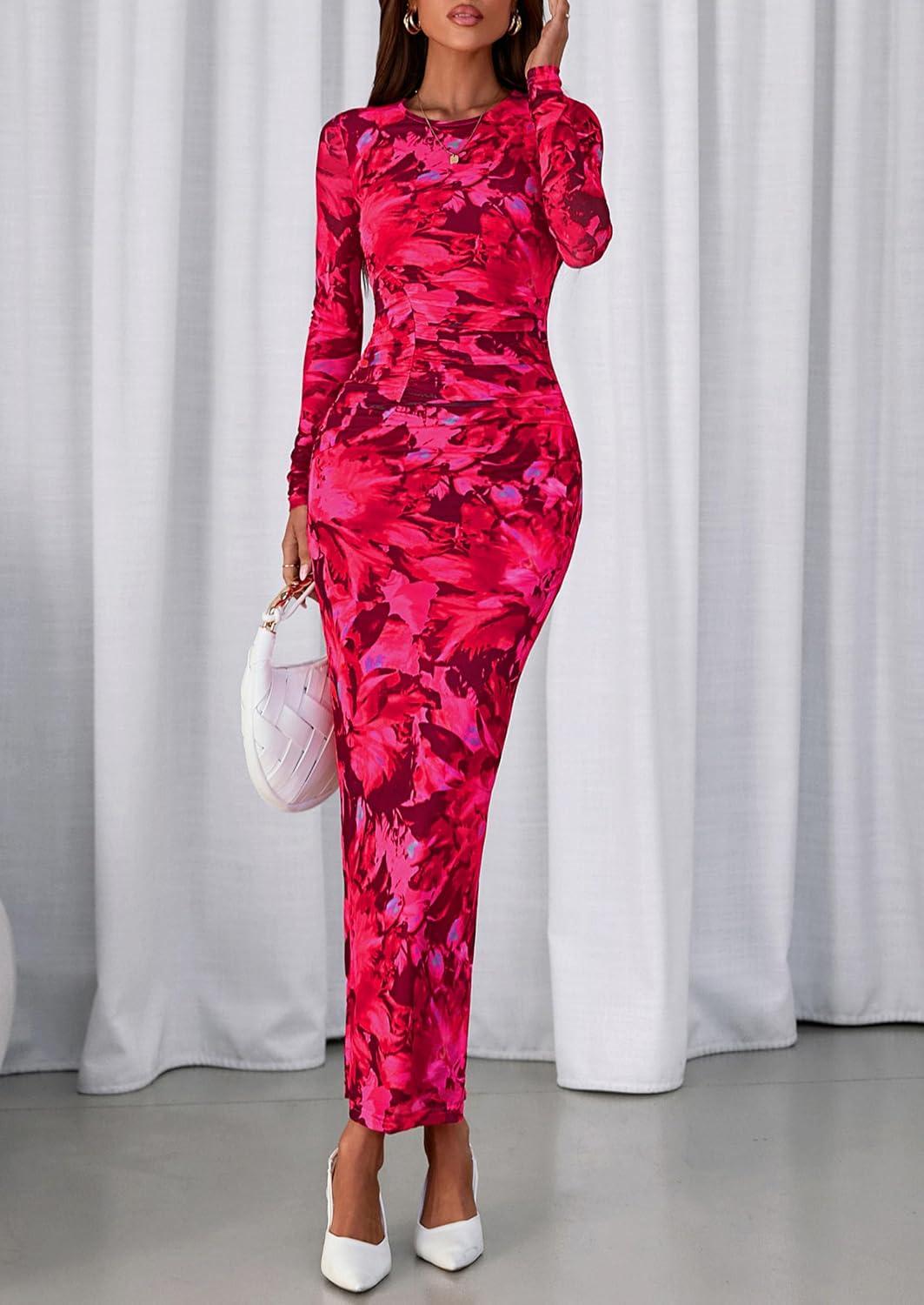 imagePRETTYGARDEN Wedding Guest Dresses for Women Spring Long Sleeve Ruched Bodycon Floral Mesh Cocktail Party Fall Maxi DressRose Red Floral