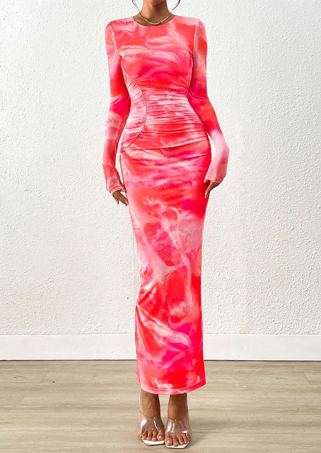 imagePRETTYGARDEN Wedding Guest Dresses for Women Spring Long Sleeve Ruched Bodycon Floral Mesh Cocktail Party Fall Maxi DressYellow Pink Floral