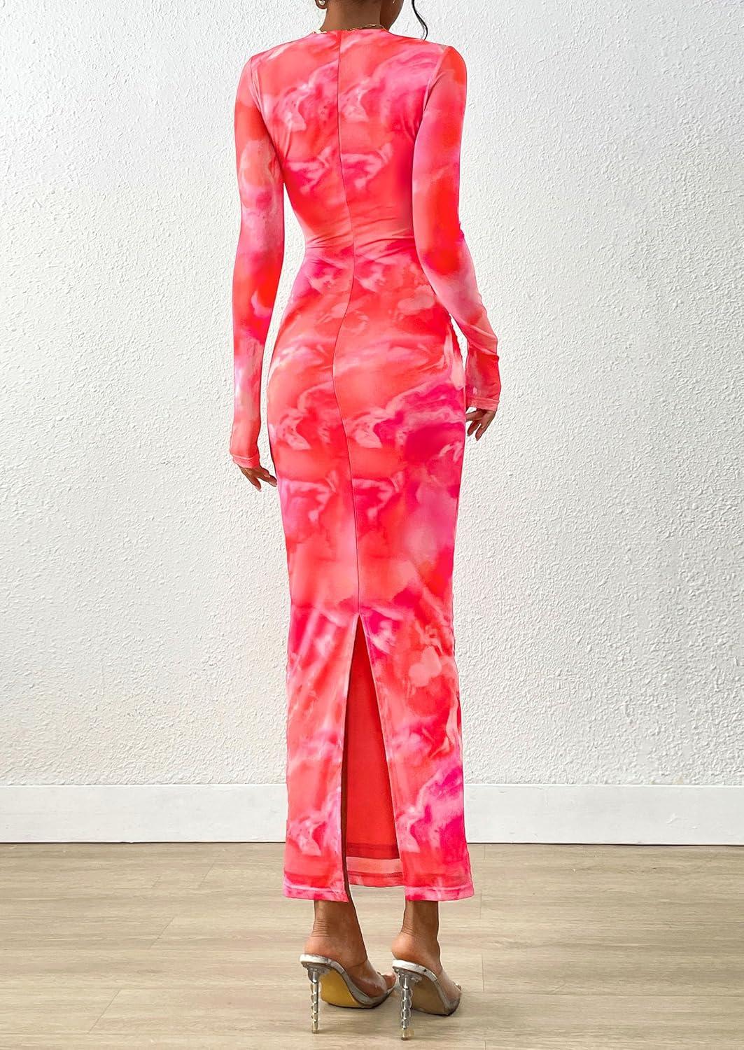 imagePRETTYGARDEN Wedding Guest Dresses for Women Spring Long Sleeve Ruched Bodycon Floral Mesh Cocktail Party Fall Maxi DressYellow Pink Floral