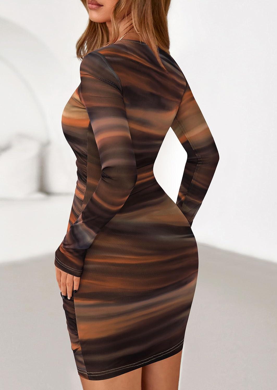 imagePRETTYGARDEN Women Long Sleeve Mini Dress Spring 2026 Tie Dye Print Bodycon Cocktail Party Club Outfits Homecoming DressesBrown Floral