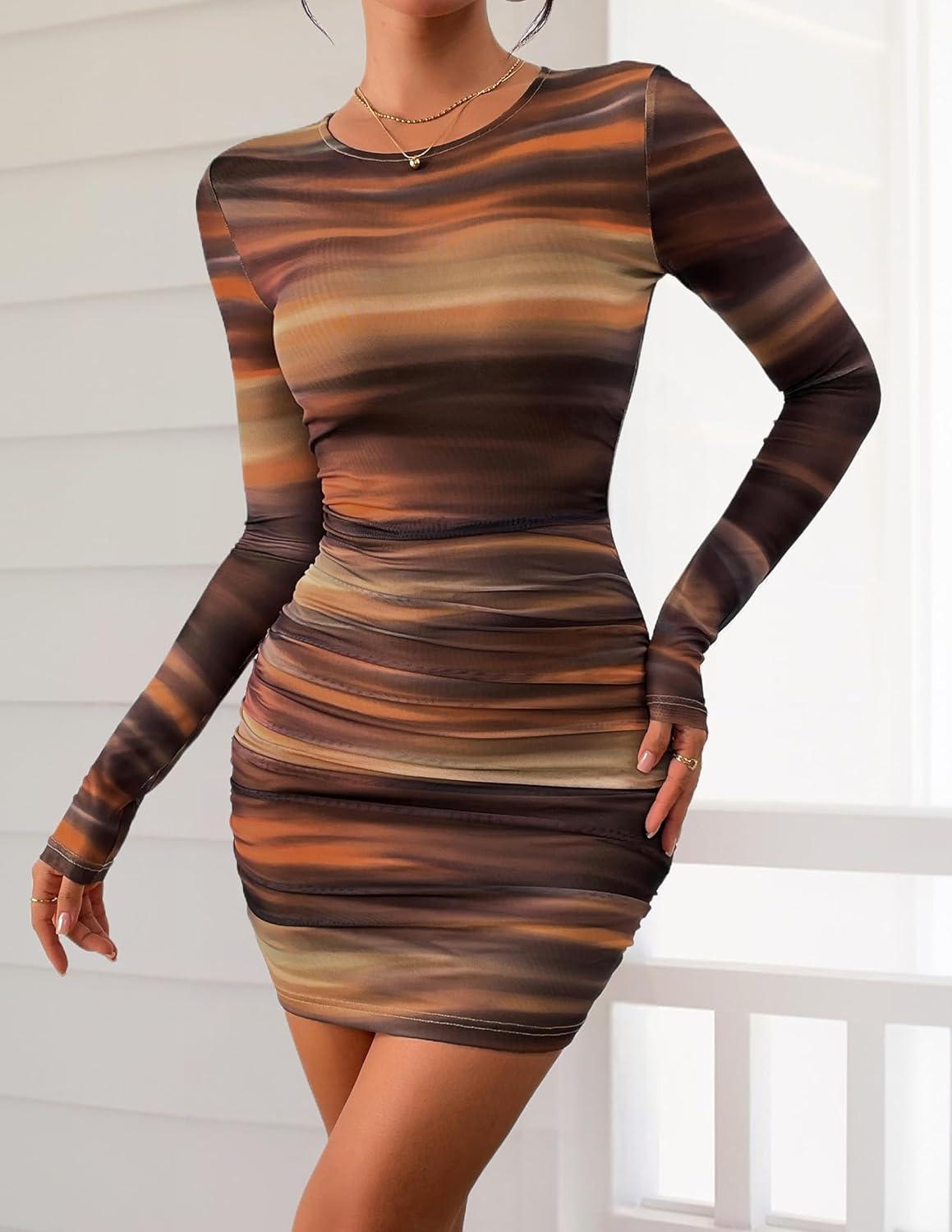 imagePRETTYGARDEN Women Long Sleeve Mini Dress Spring 2026 Tie Dye Print Bodycon Cocktail Party Club Outfits Homecoming DressesBrown Floral