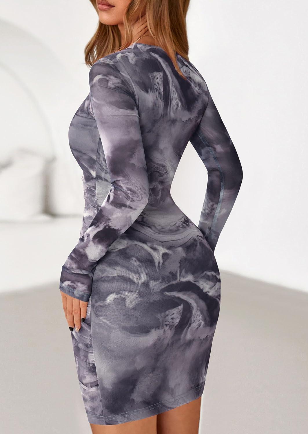 imagePRETTYGARDEN Women Long Sleeve Mini Dress Spring 2026 Tie Dye Print Bodycon Cocktail Party Club Outfits Homecoming DressesGray Floral