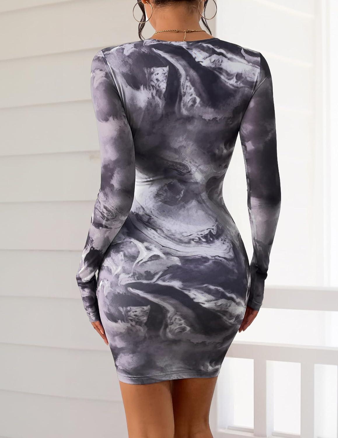 imagePRETTYGARDEN Women Long Sleeve Mini Dress Spring 2026 Tie Dye Print Bodycon Cocktail Party Club Outfits Homecoming DressesGray Floral