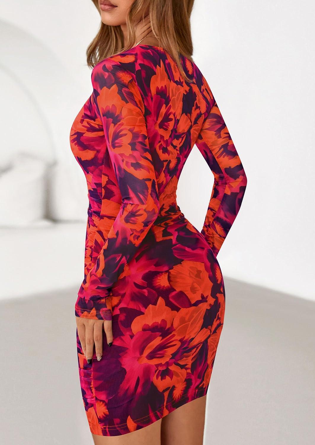 imagePRETTYGARDEN Women Long Sleeve Mini Dress Spring 2026 Tie Dye Print Bodycon Cocktail Party Club Outfits Homecoming DressesPurple Orange