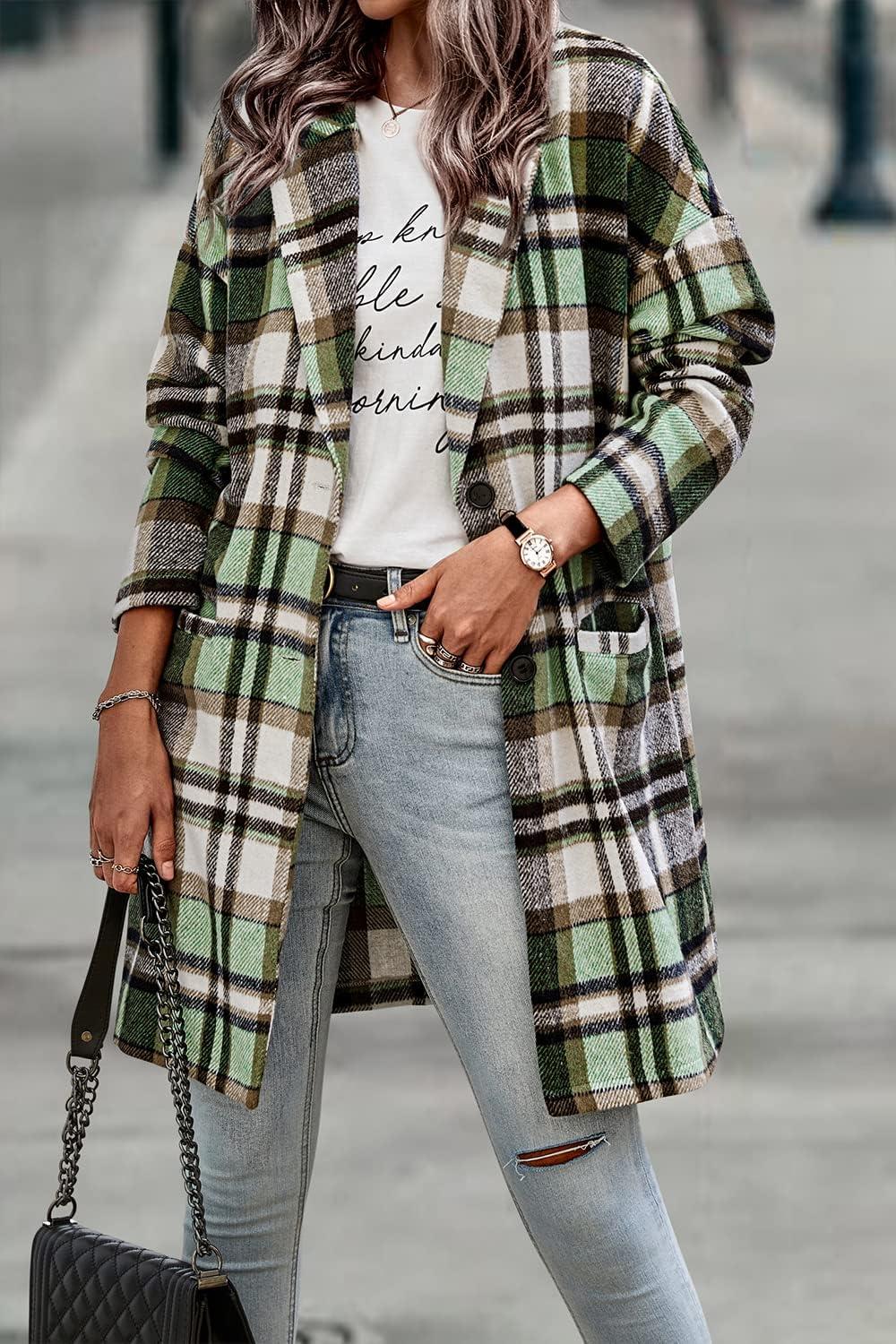 imagePRETTYGARDEN Women Plaid Shacket Jacket Trendy Fall Casual Button Wool Blend Tartan Trench Coat Winter Clothing with PocketsGreen
