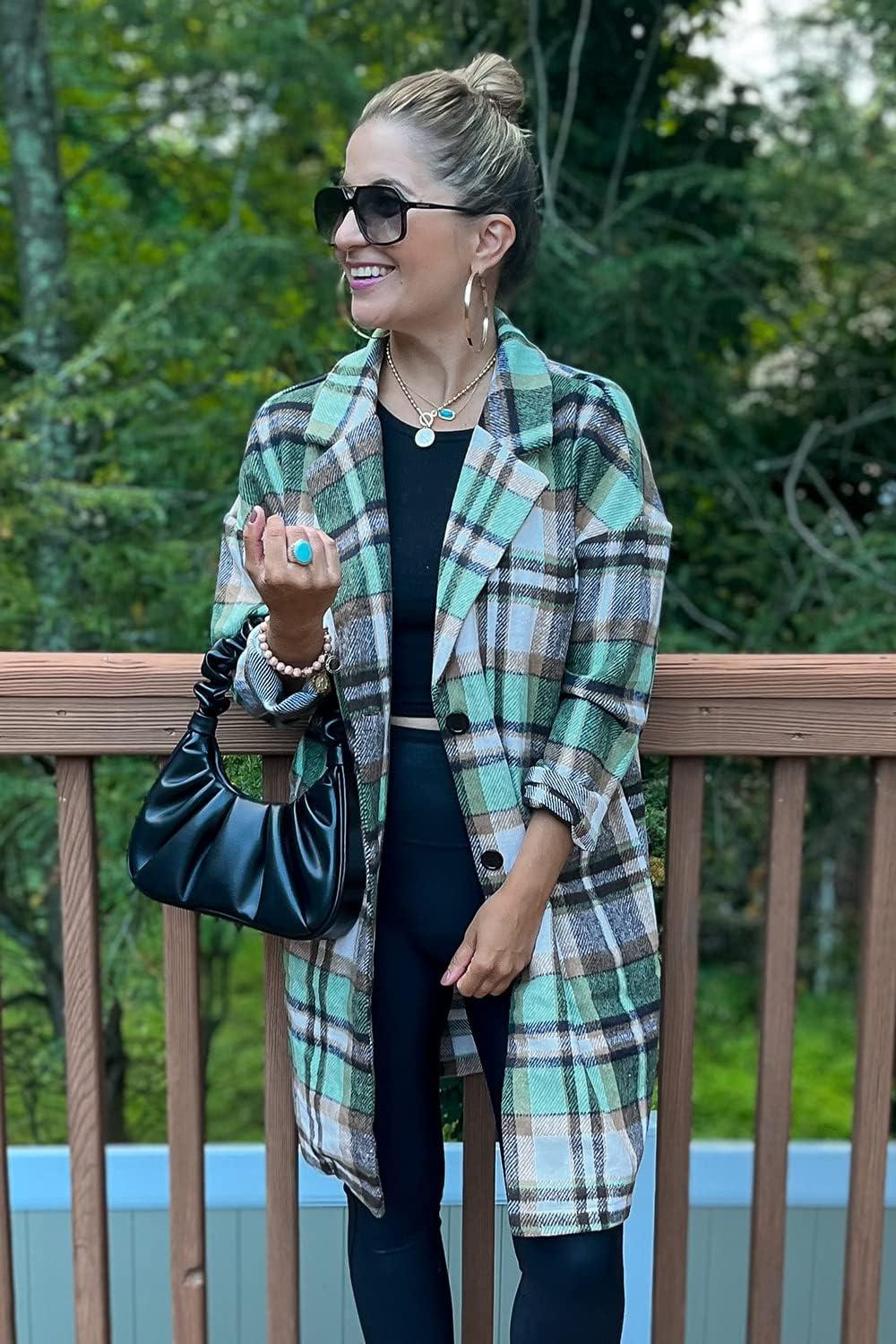 imagePRETTYGARDEN Women Plaid Shacket Jacket Trendy Fall Casual Button Wool Blend Tartan Trench Coat Winter Clothing with PocketsGreen