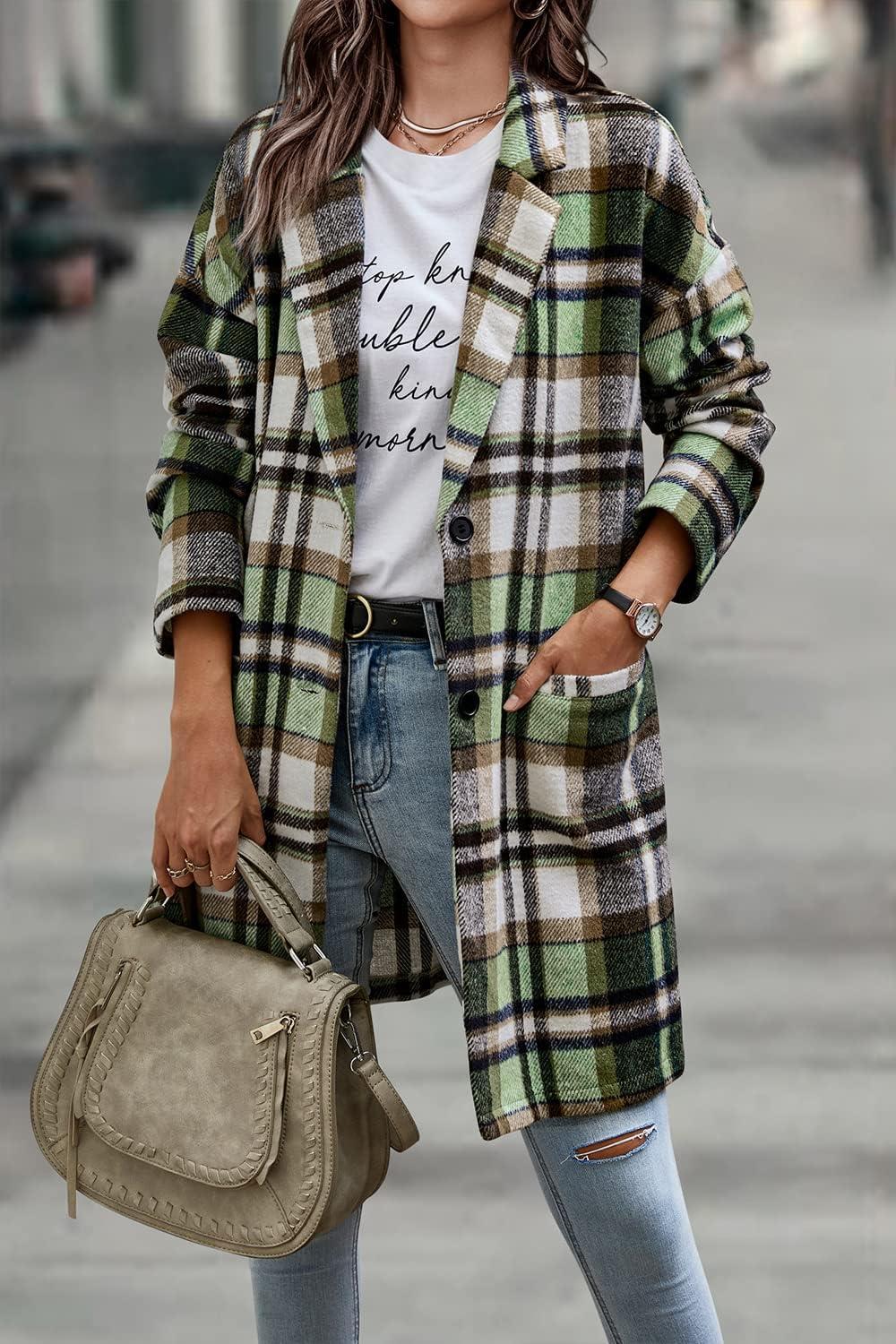 imagePRETTYGARDEN Women Plaid Shacket Jacket Trendy Fall Casual Button Wool Blend Tartan Trench Coat Winter Clothing with PocketsGreen