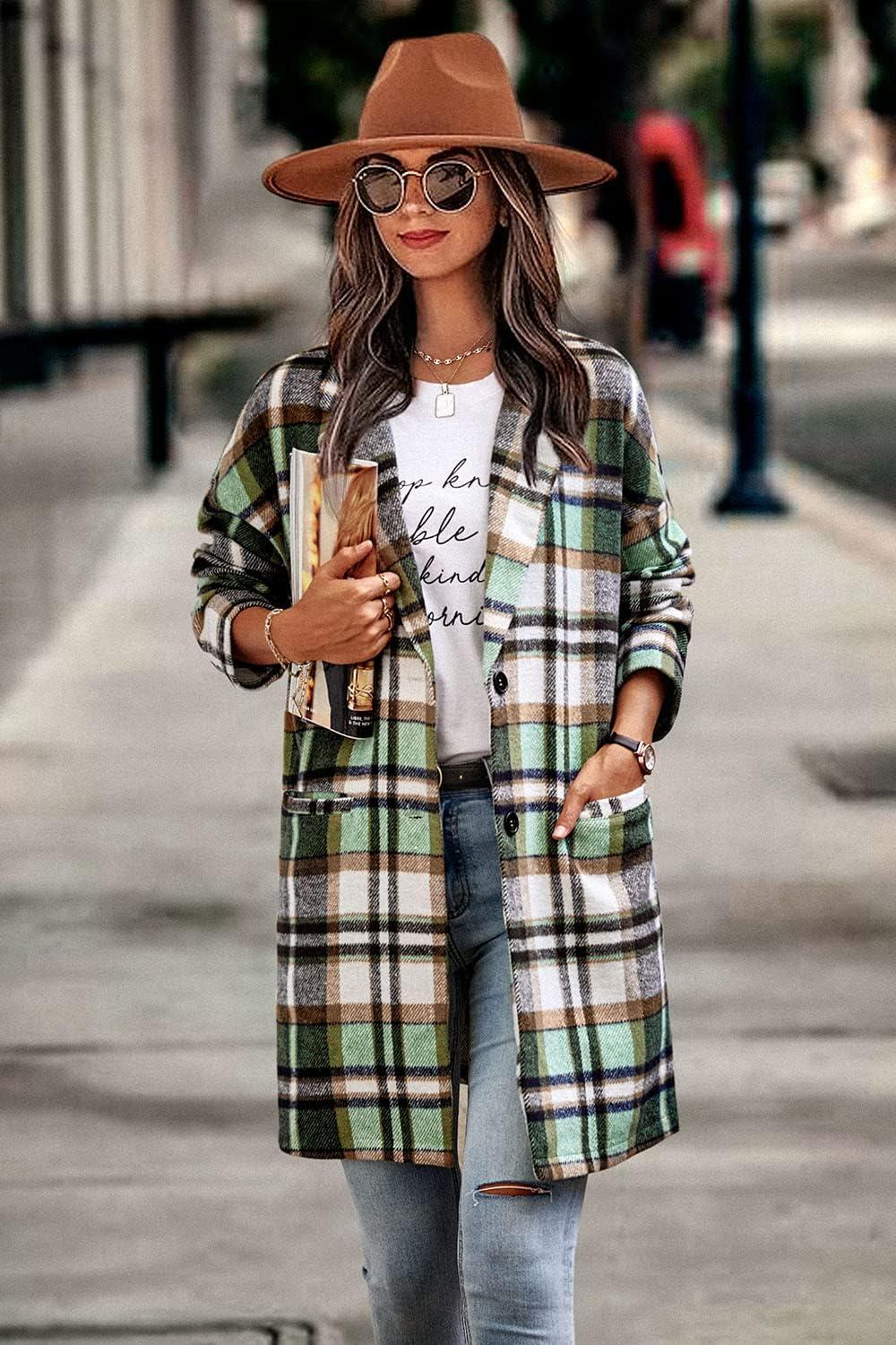 imagePRETTYGARDEN Women Plaid Shacket Jacket Trendy Fall Casual Button Wool Blend Tartan Trench Coat Winter Clothing with PocketsGreen