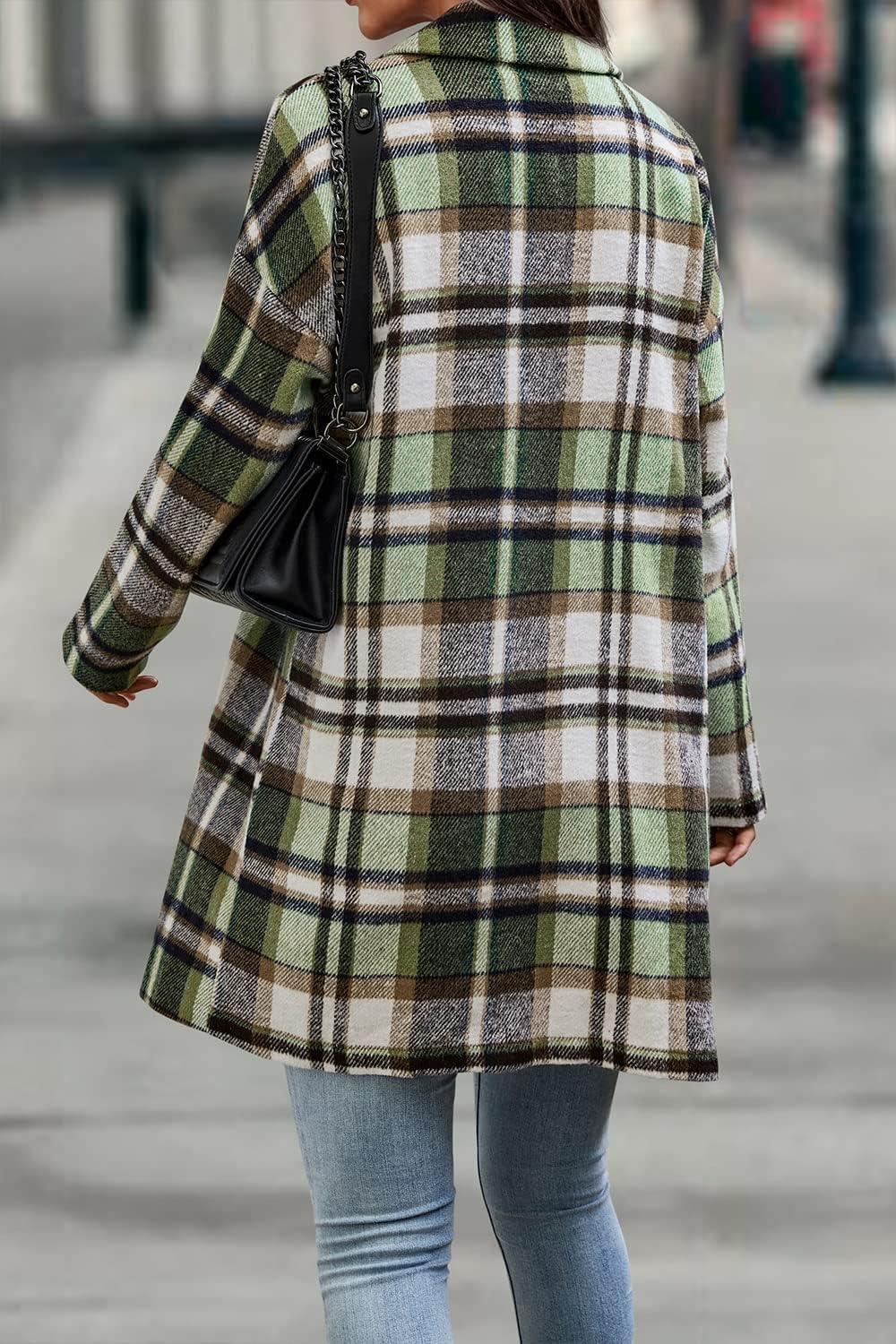 imagePRETTYGARDEN Women Plaid Shacket Jacket Trendy Fall Casual Button Wool Blend Tartan Trench Coat Winter Clothing with PocketsGreen