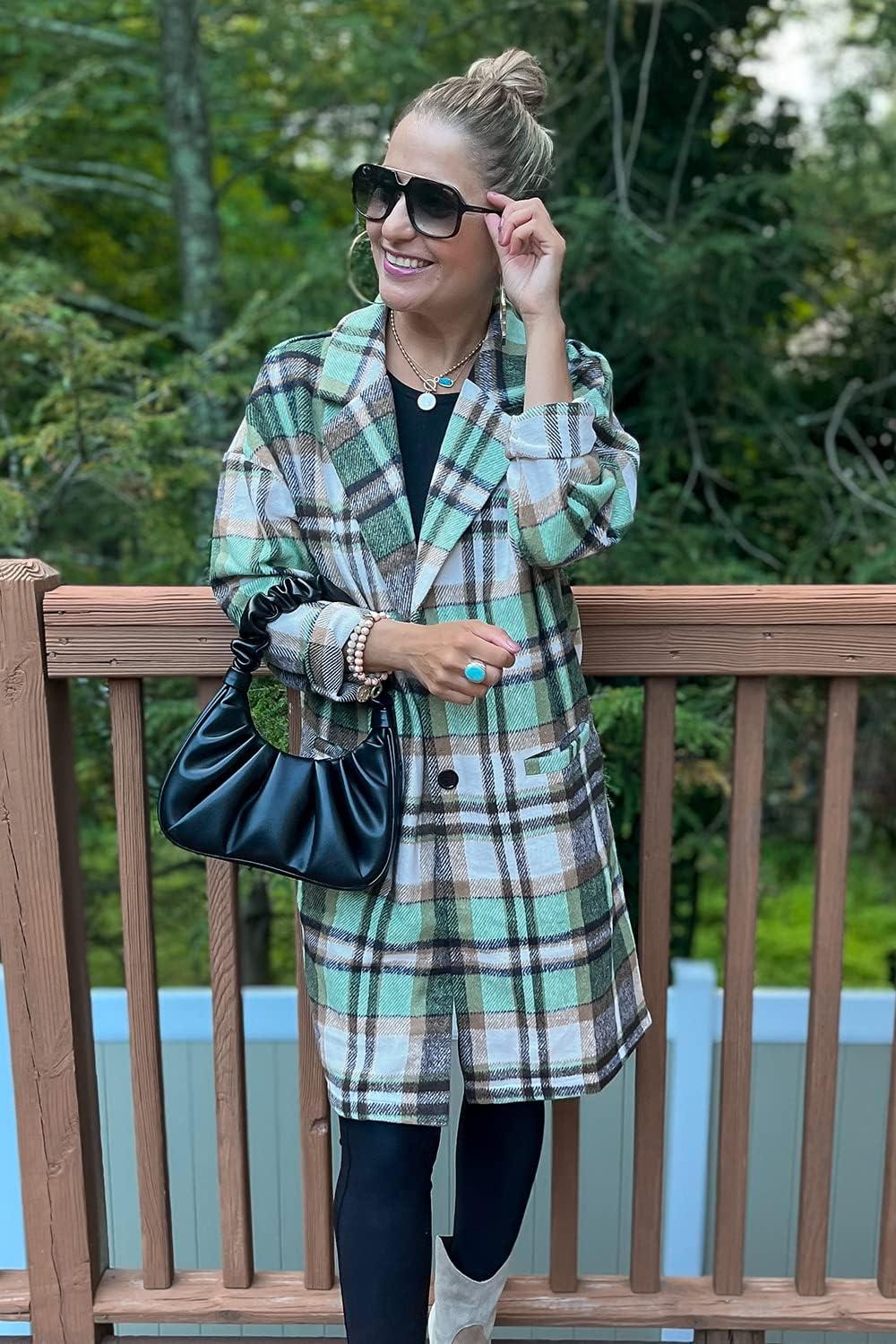 imagePRETTYGARDEN Women Plaid Shacket Jacket Trendy Fall Casual Button Wool Blend Tartan Trench Coat Winter Clothing with PocketsGreen