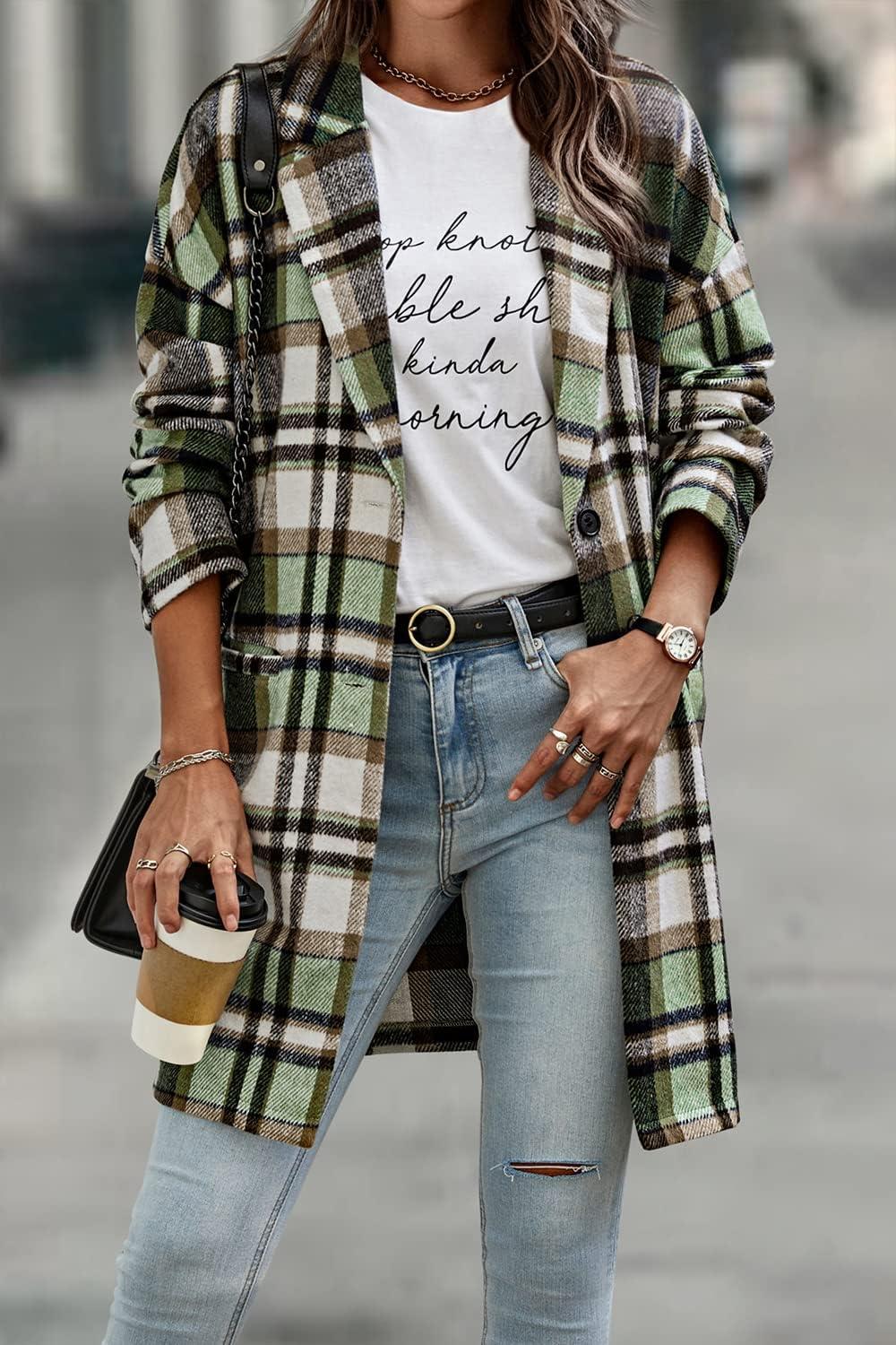imagePRETTYGARDEN Women Plaid Shacket Jacket Trendy Fall Casual Button Wool Blend Tartan Trench Coat Winter Clothing with PocketsGreen