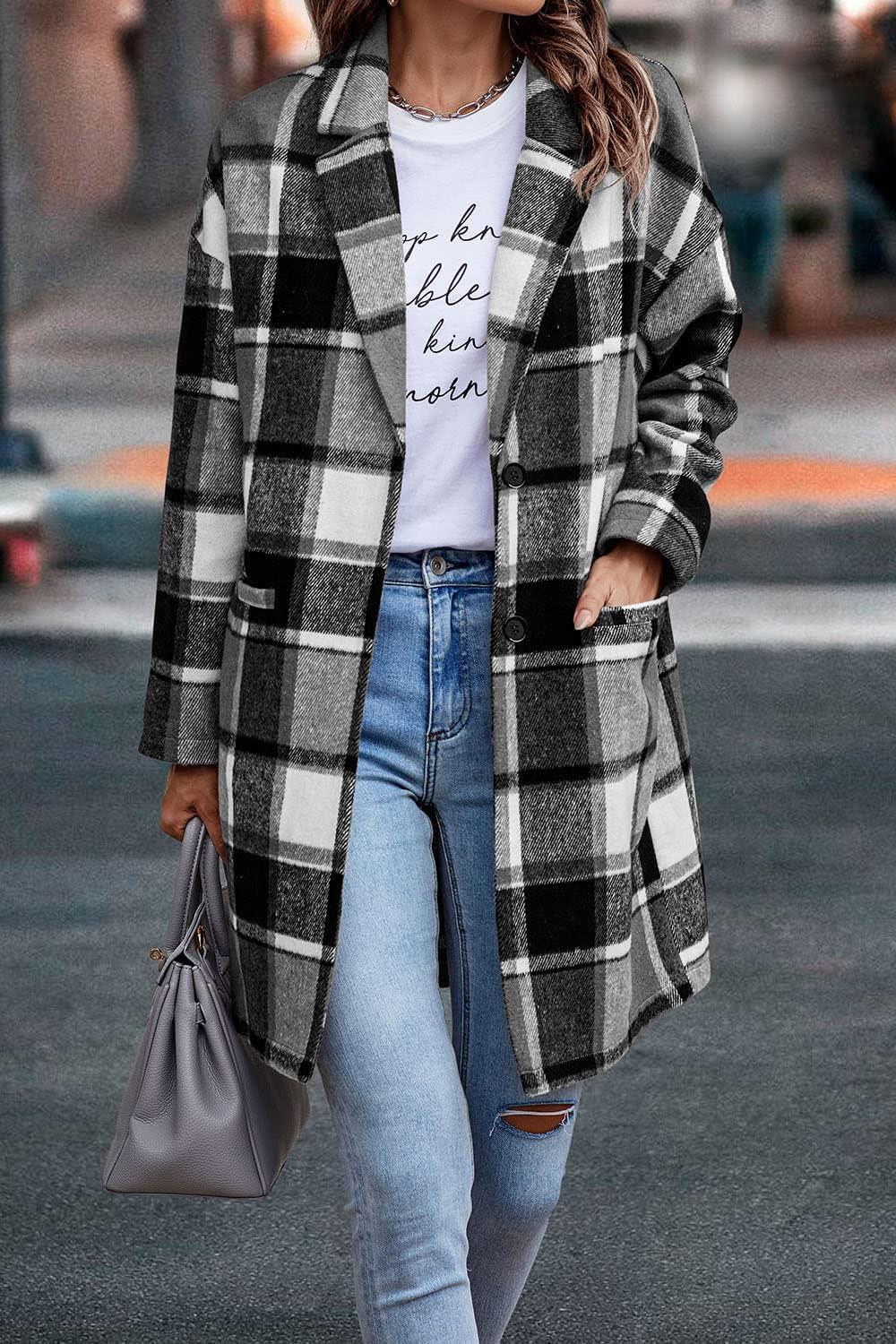 imagePRETTYGARDEN Women Plaid Shacket Jacket Trendy Fall Casual Button Wool Blend Tartan Trench Coat Winter Clothing with PocketsGrey