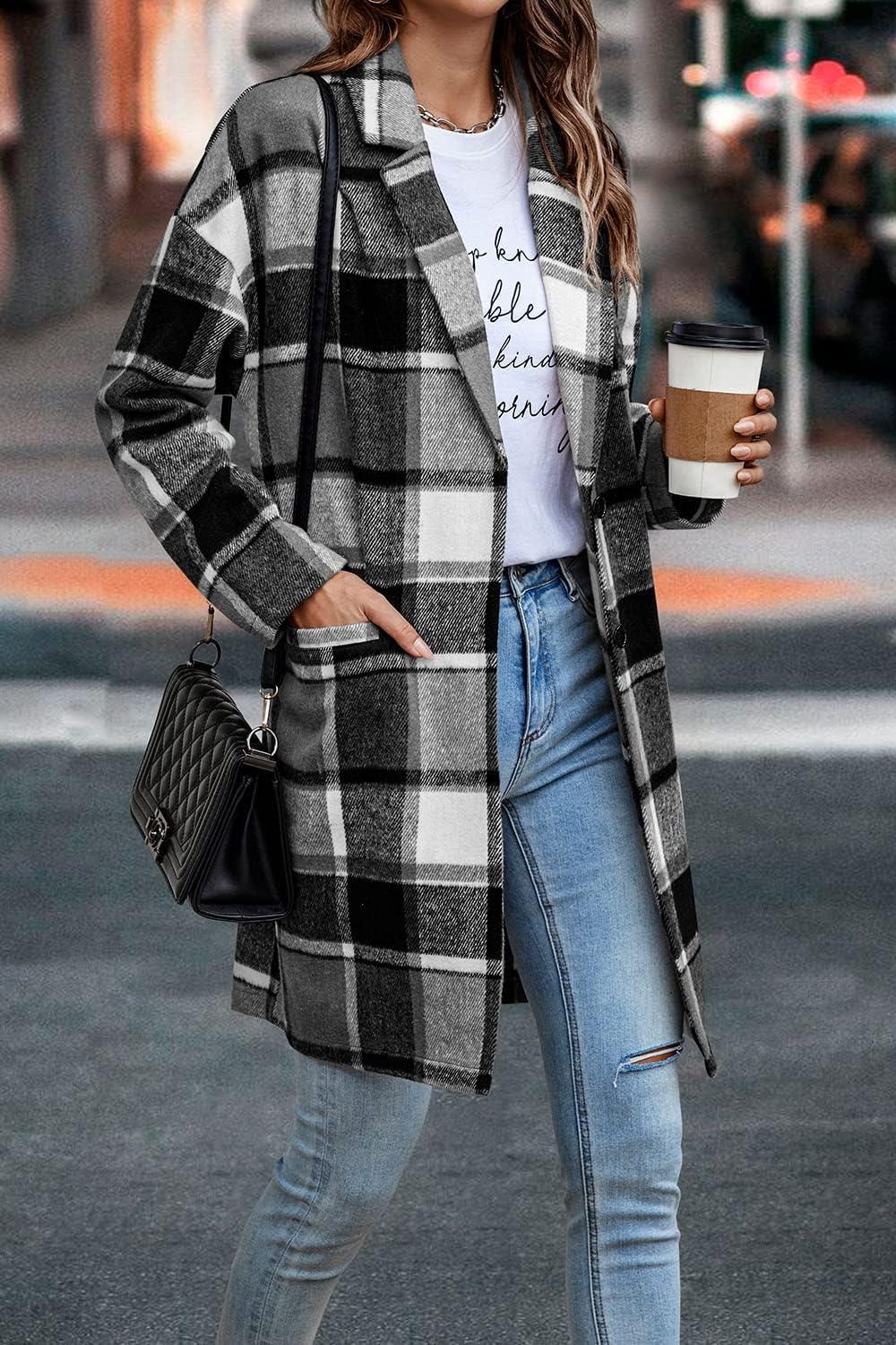 imagePRETTYGARDEN Women Plaid Shacket Jacket Trendy Fall Casual Button Wool Blend Tartan Trench Coat Winter Clothing with PocketsGrey