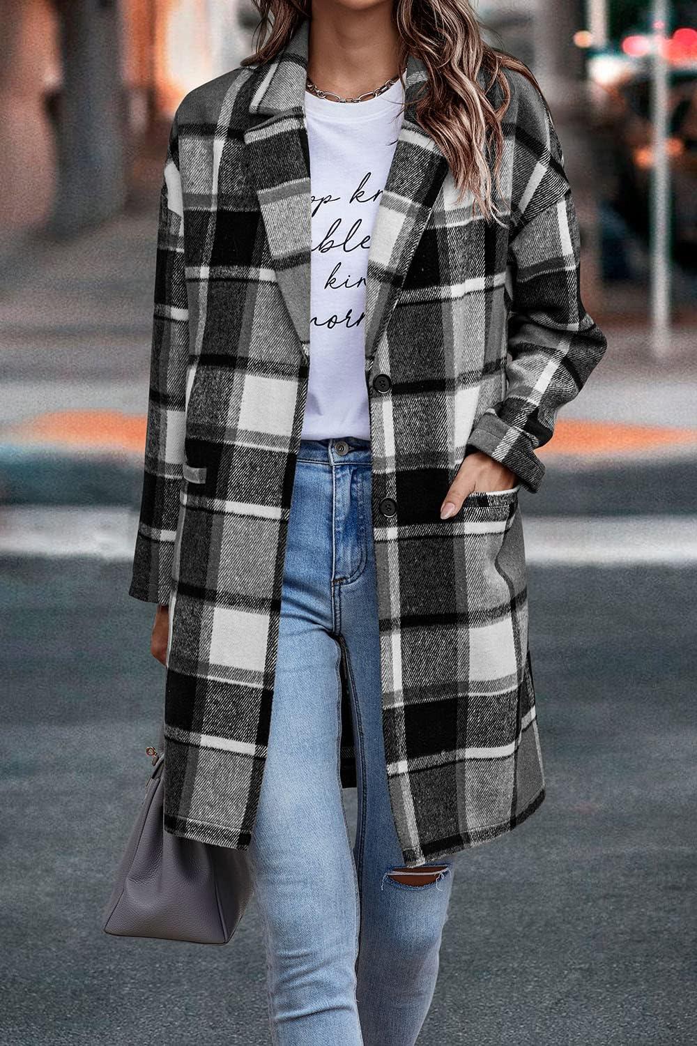 imagePRETTYGARDEN Women Plaid Shacket Jacket Trendy Fall Casual Button Wool Blend Tartan Trench Coat Winter Clothing with PocketsGrey