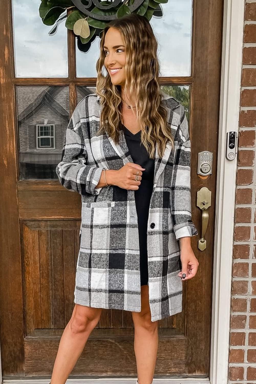 imagePRETTYGARDEN Women Plaid Shacket Jacket Trendy Fall Casual Button Wool Blend Tartan Trench Coat Winter Clothing with PocketsGrey