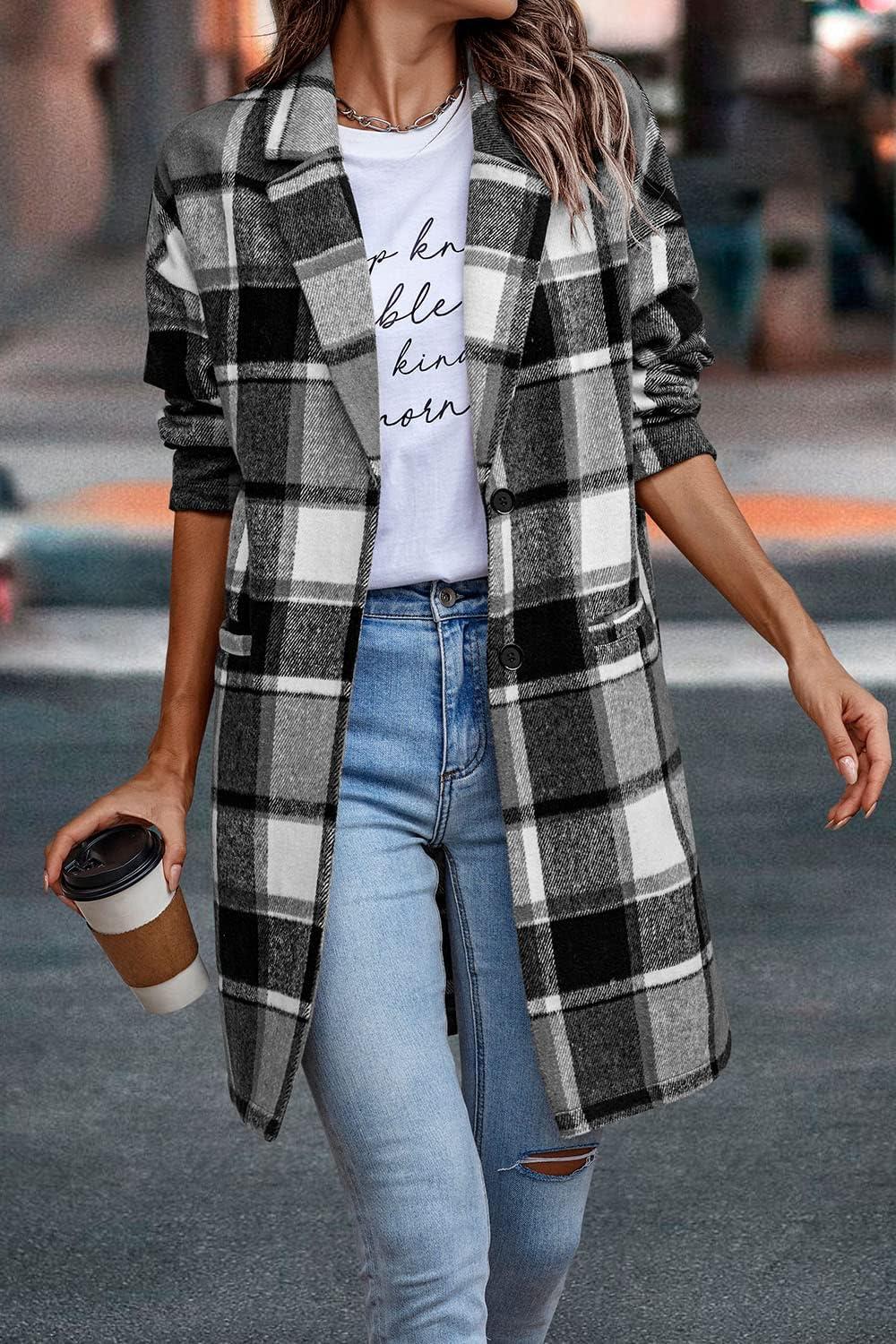 imagePRETTYGARDEN Women Plaid Shacket Jacket Trendy Fall Casual Button Wool Blend Tartan Trench Coat Winter Clothing with PocketsGrey
