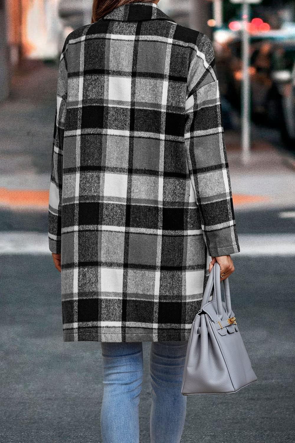 imagePRETTYGARDEN Women Plaid Shacket Jacket Trendy Fall Casual Button Wool Blend Tartan Trench Coat Winter Clothing with PocketsGrey