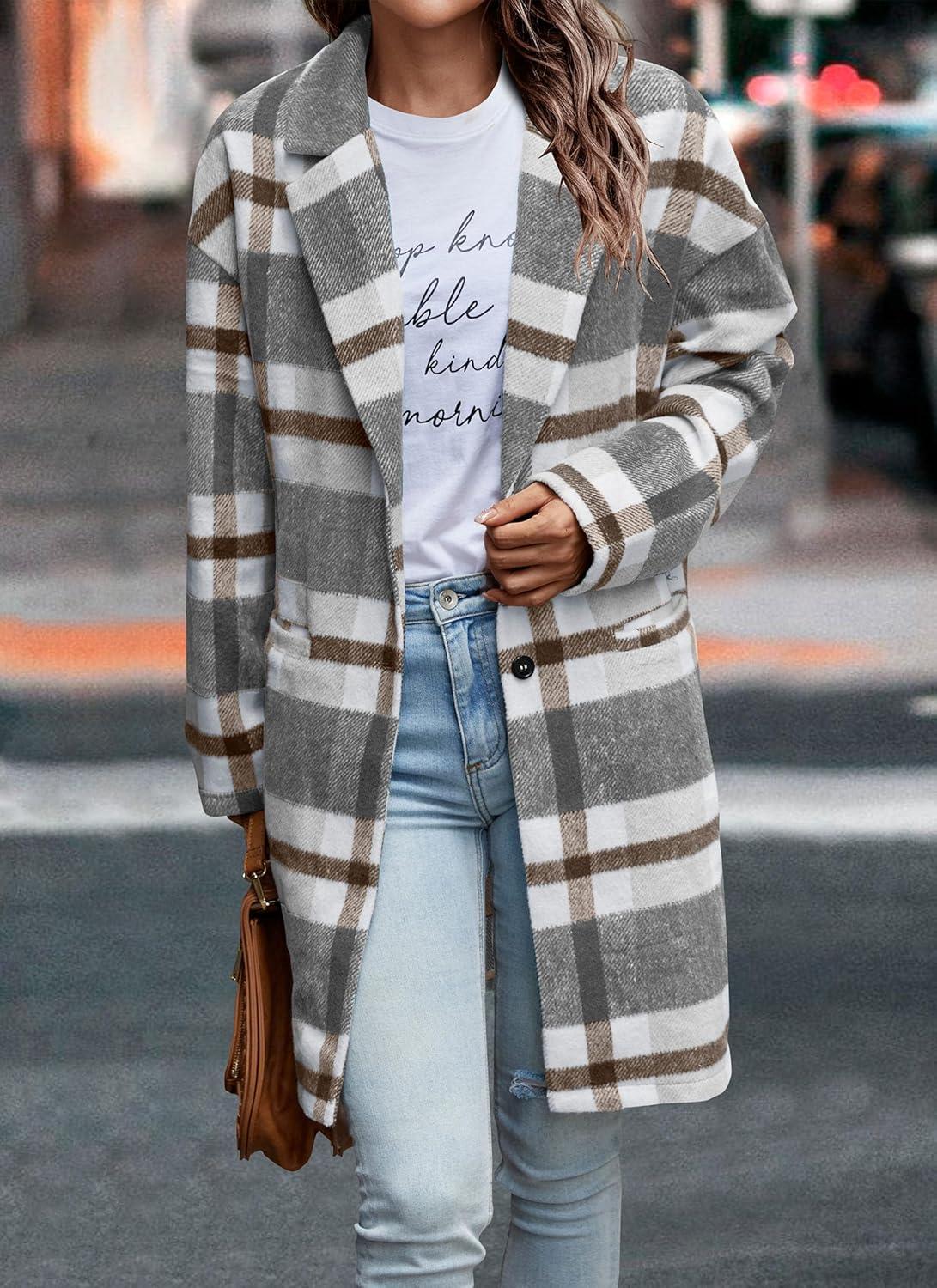 imagePRETTYGARDEN Women Plaid Shacket Jacket Trendy Fall Casual Button Wool Blend Tartan Trench Coat Winter Clothing with PocketsGrey White