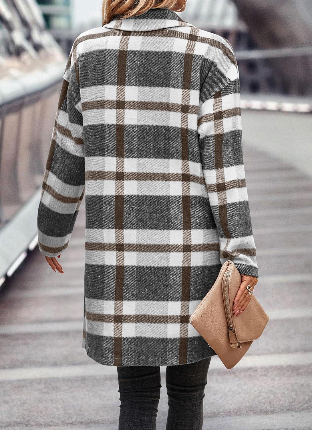 imagePRETTYGARDEN Women Plaid Shacket Jacket Trendy Fall Casual Button Wool Blend Tartan Trench Coat Winter Clothing with PocketsGrey White