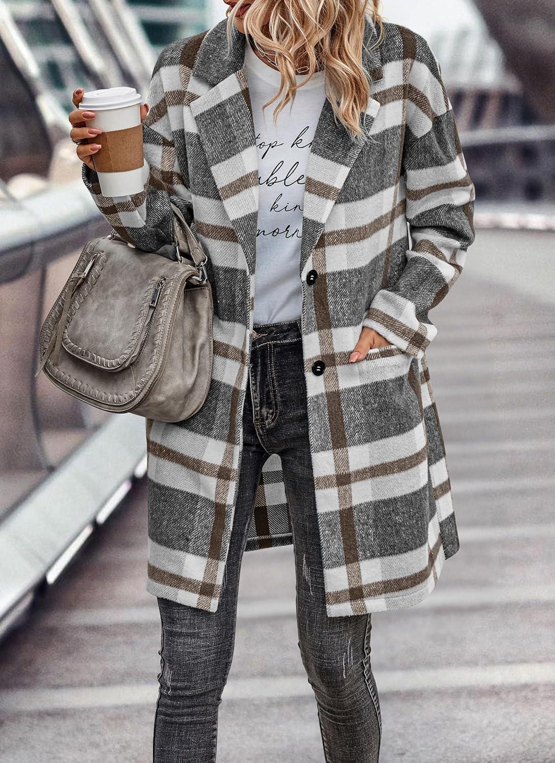 imagePRETTYGARDEN Women Plaid Shacket Jacket Trendy Fall Casual Button Wool Blend Tartan Trench Coat Winter Clothing with PocketsGrey White