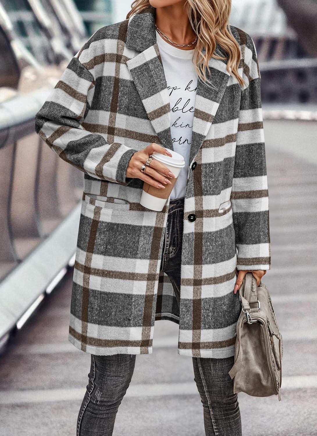 imagePRETTYGARDEN Women Plaid Shacket Jacket Trendy Fall Casual Button Wool Blend Tartan Trench Coat Winter Clothing with PocketsGrey White