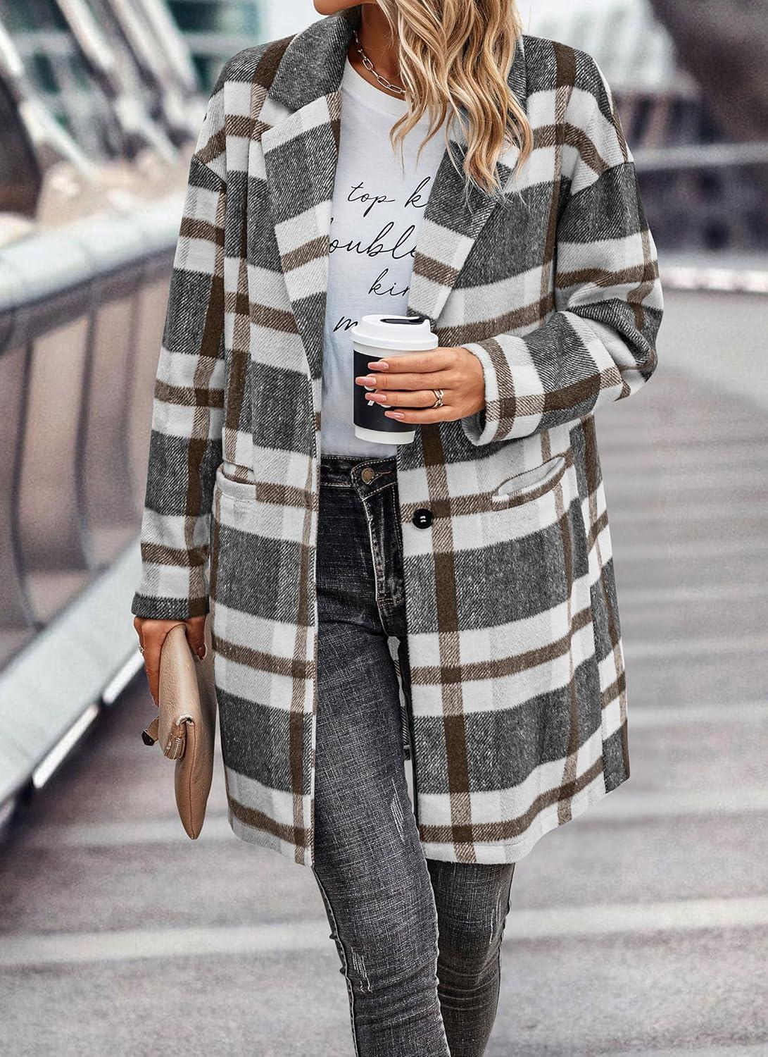 imagePRETTYGARDEN Women Plaid Shacket Jacket Trendy Fall Casual Button Wool Blend Tartan Trench Coat Winter Clothing with PocketsGrey White