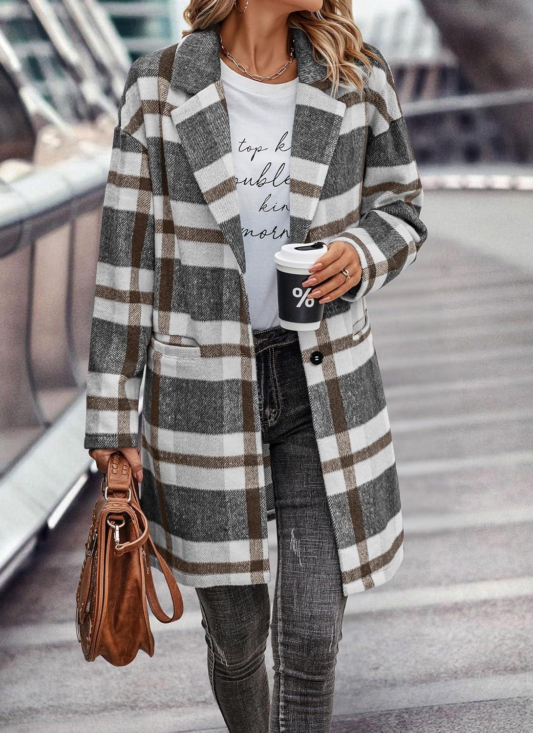 imagePRETTYGARDEN Women Plaid Shacket Jacket Trendy Fall Casual Button Wool Blend Tartan Trench Coat Winter Clothing with PocketsGrey White