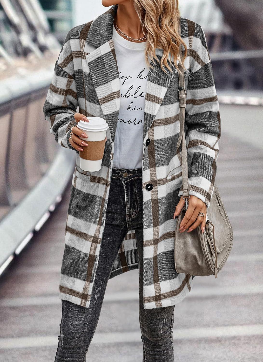 imagePRETTYGARDEN Women Plaid Shacket Jacket Trendy Fall Casual Button Wool Blend Tartan Trench Coat Winter Clothing with PocketsGrey White