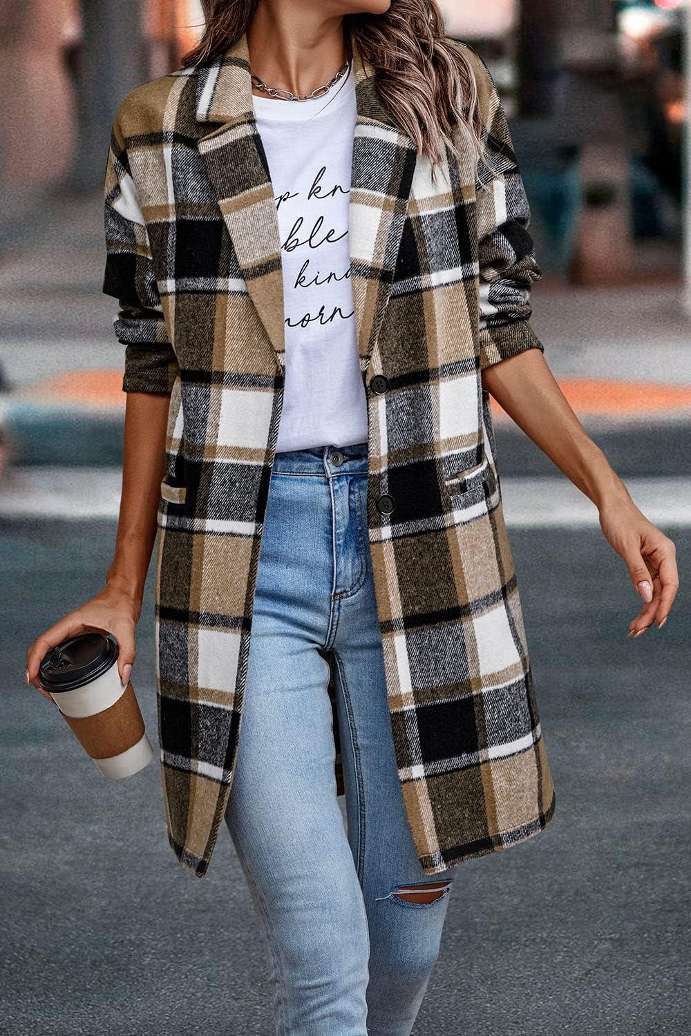imagePRETTYGARDEN Women Plaid Shacket Jacket Trendy Fall Casual Button Wool Blend Tartan Trench Coat Winter Clothing with PocketsKhaki