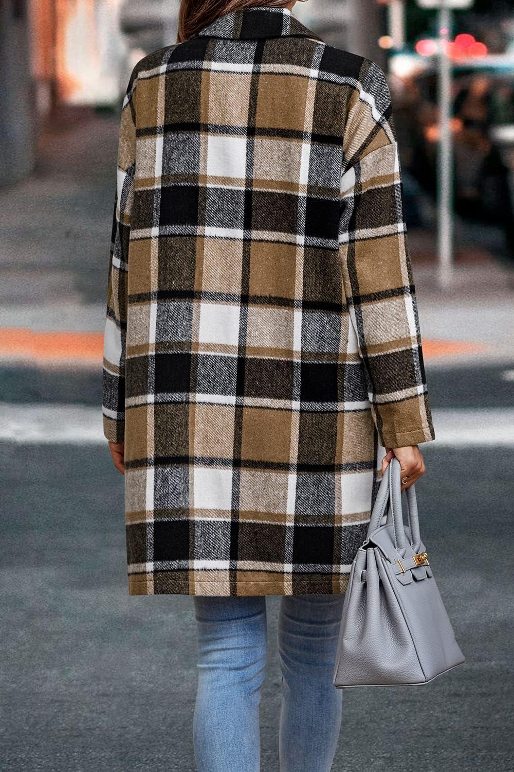imagePRETTYGARDEN Women Plaid Shacket Jacket Trendy Fall Casual Button Wool Blend Tartan Trench Coat Winter Clothing with PocketsKhaki