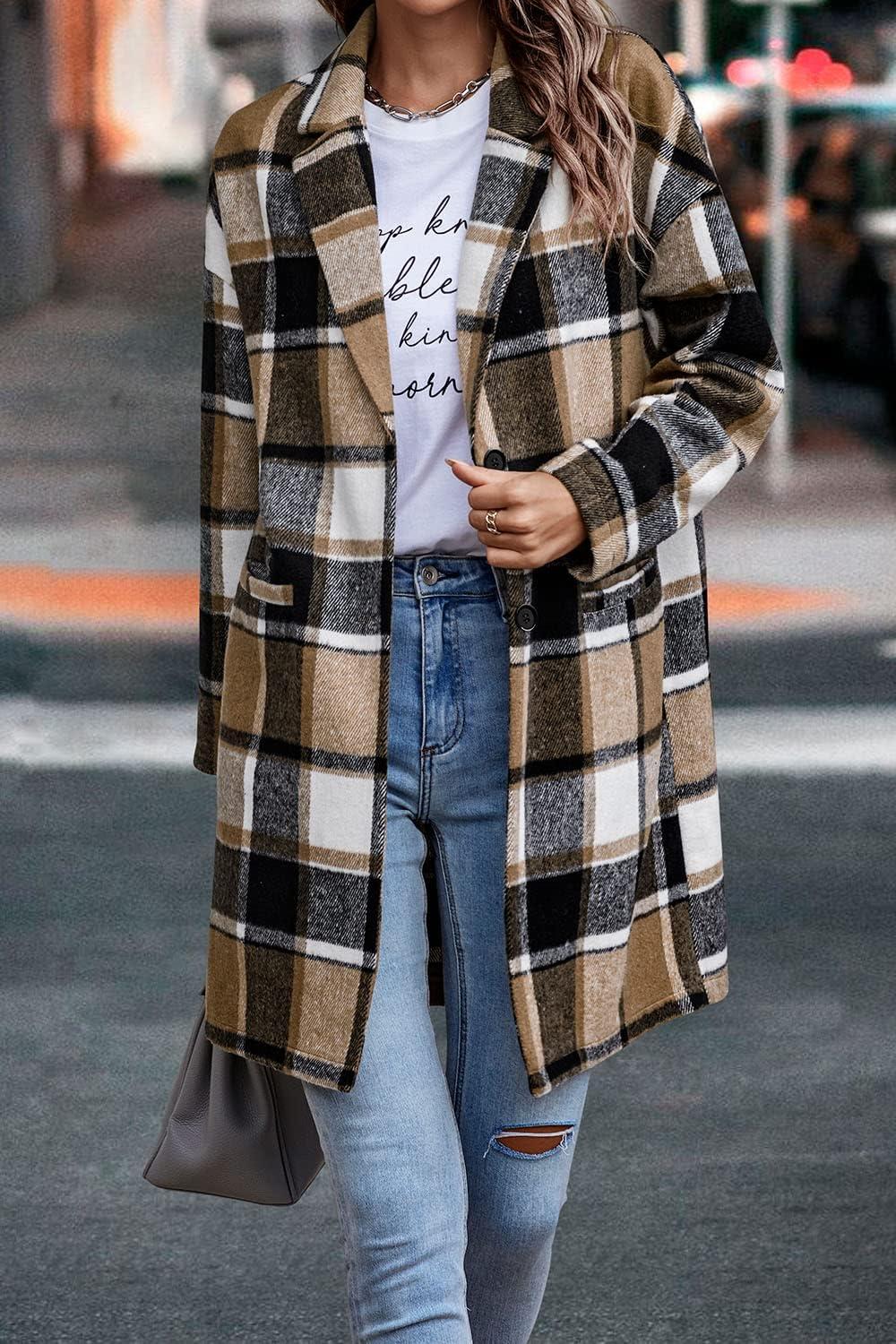 imagePRETTYGARDEN Women Plaid Shacket Jacket Trendy Fall Casual Button Wool Blend Tartan Trench Coat Winter Clothing with PocketsKhaki