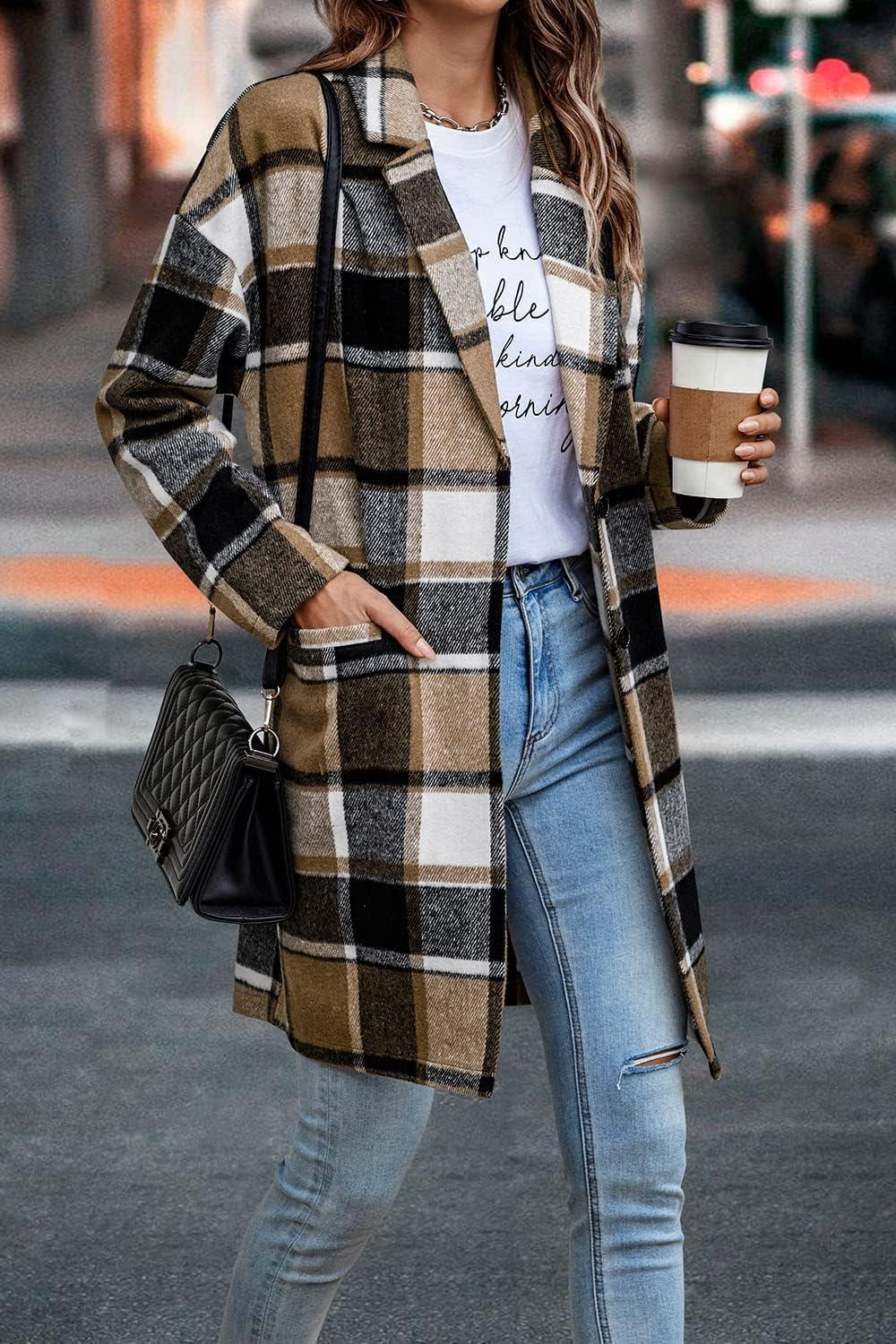 imagePRETTYGARDEN Women Plaid Shacket Jacket Trendy Fall Casual Button Wool Blend Tartan Trench Coat Winter Clothing with PocketsKhaki