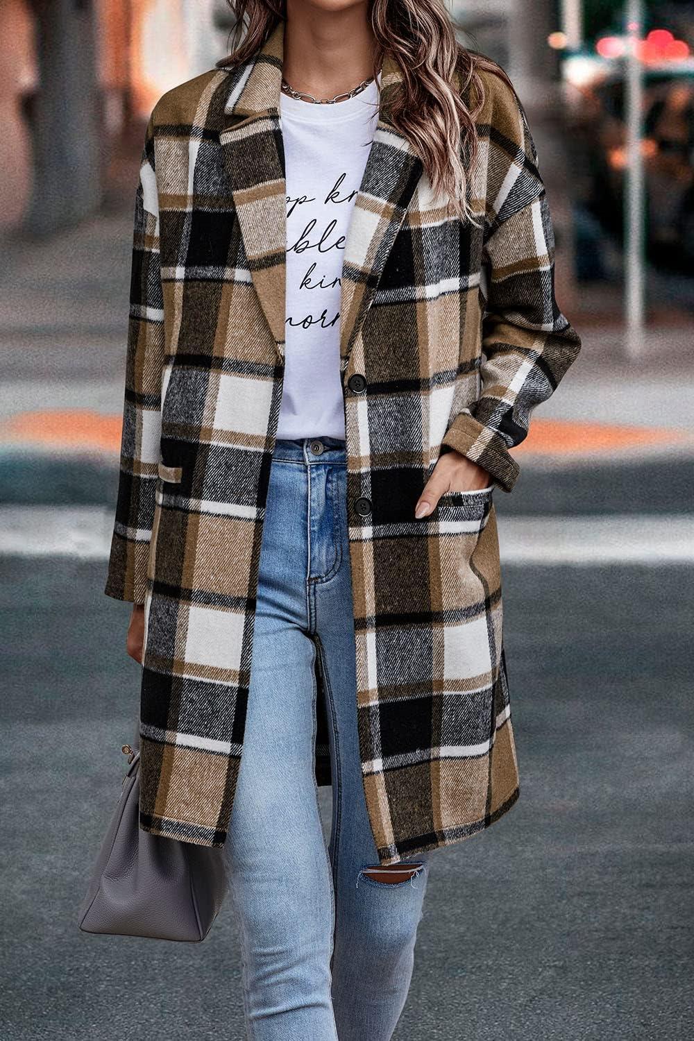 imagePRETTYGARDEN Women Plaid Shacket Jacket Trendy Fall Casual Button Wool Blend Tartan Trench Coat Winter Clothing with PocketsKhaki