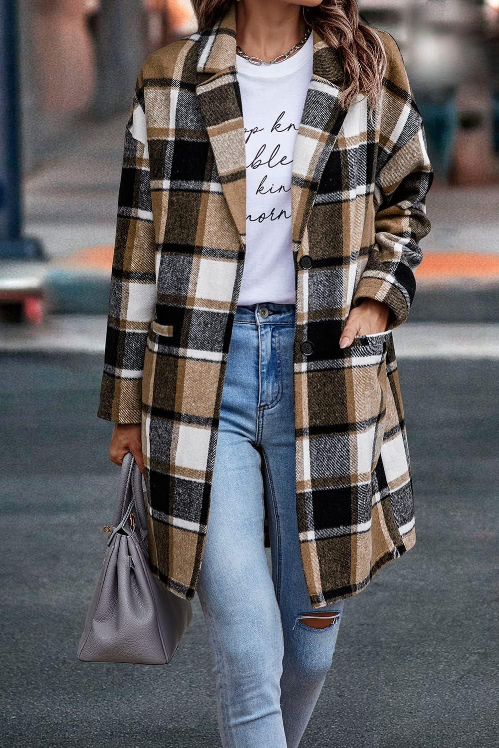 imagePRETTYGARDEN Women Plaid Shacket Jacket Trendy Fall Casual Button Wool Blend Tartan Trench Coat Winter Clothing with PocketsKhaki