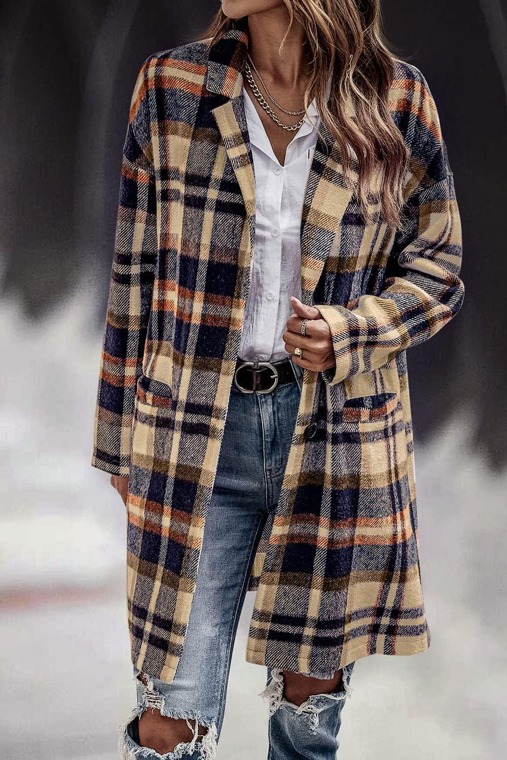imagePRETTYGARDEN Women Plaid Shacket Jacket Trendy Fall Casual Button Wool Blend Tartan Trench Coat Winter Clothing with PocketsNavy