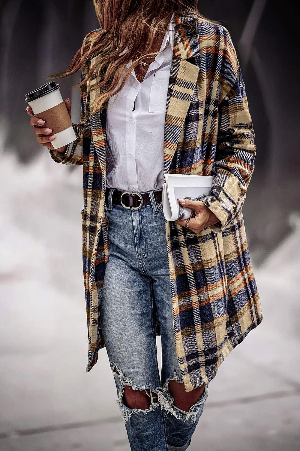 imagePRETTYGARDEN Women Plaid Shacket Jacket Trendy Fall Casual Button Wool Blend Tartan Trench Coat Winter Clothing with PocketsNavy