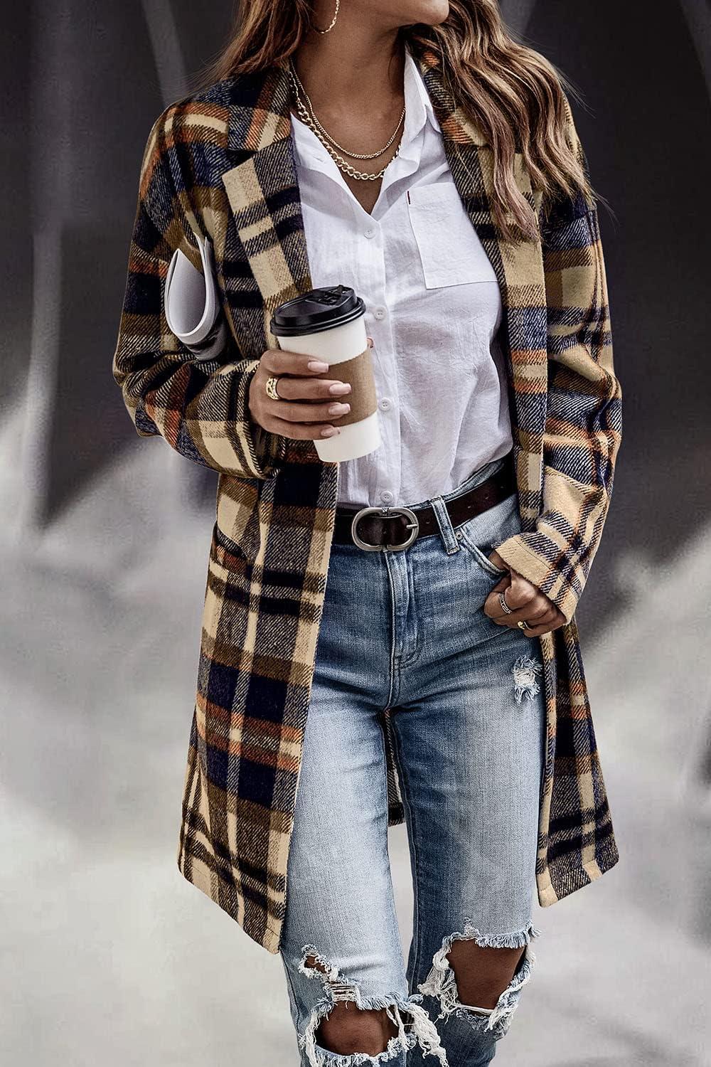 imagePRETTYGARDEN Women Plaid Shacket Jacket Trendy Fall Casual Button Wool Blend Tartan Trench Coat Winter Clothing with PocketsNavy