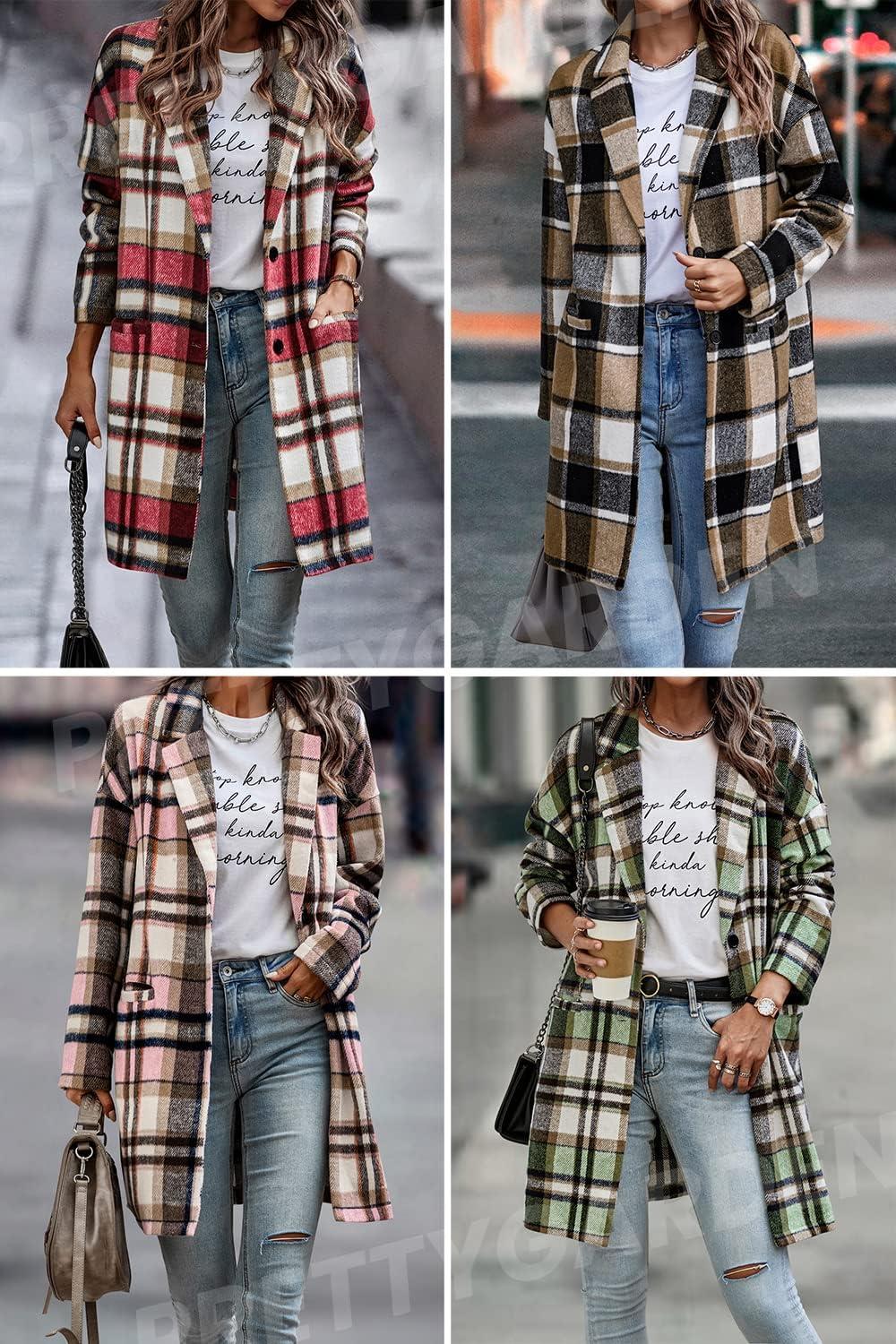 imagePRETTYGARDEN Women Plaid Shacket Jacket Trendy Fall Casual Button Wool Blend Tartan Trench Coat Winter Clothing with PocketsNavy