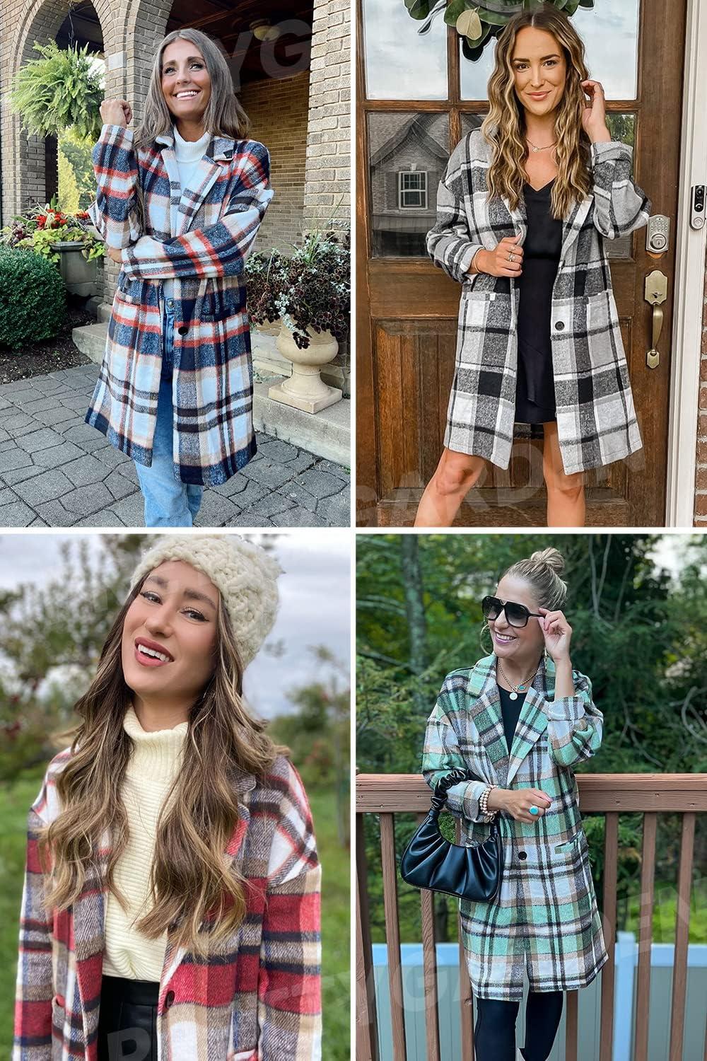 imagePRETTYGARDEN Women Plaid Shacket Jacket Trendy Fall Casual Button Wool Blend Tartan Trench Coat Winter Clothing with PocketsNavy